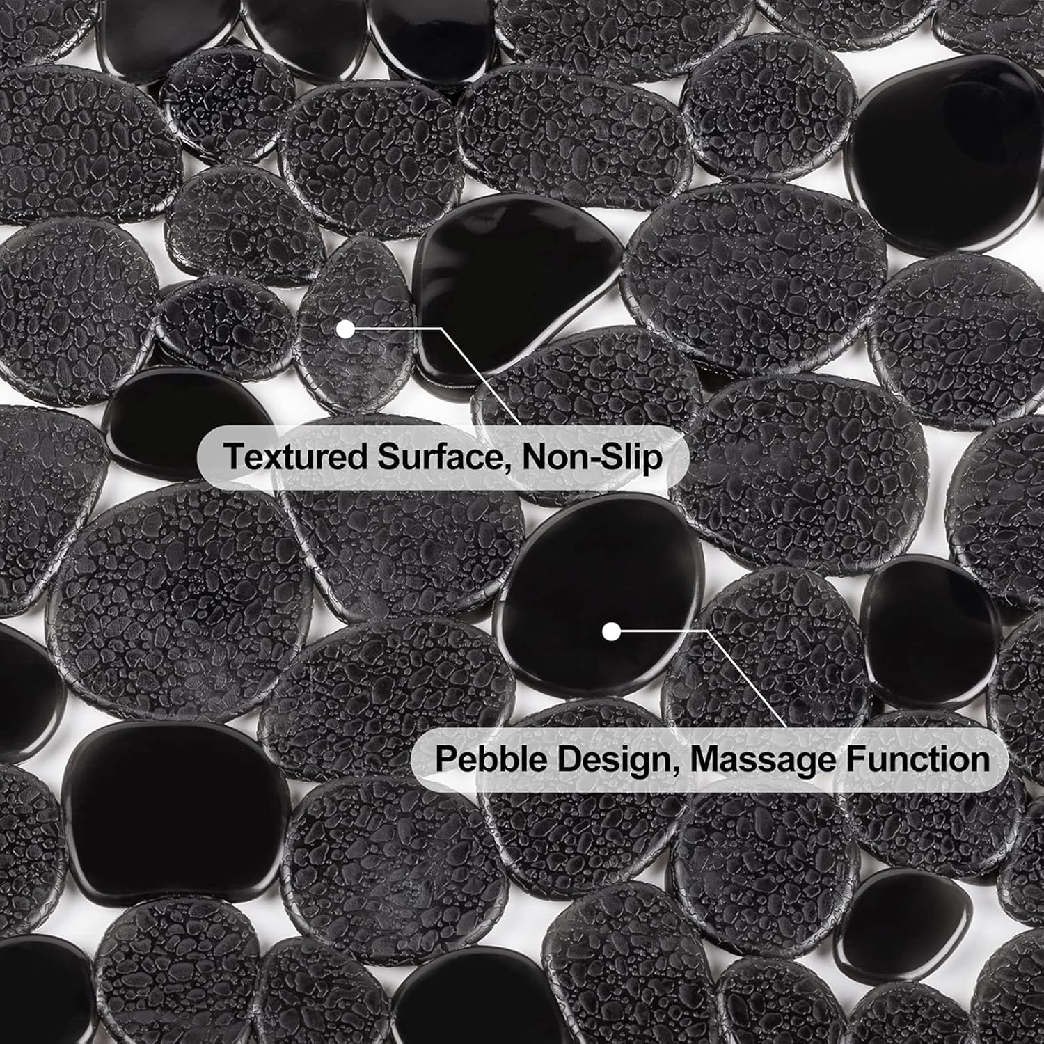 WELTRXE Pebbles Bath Mat for Tub Black Non-Slip Bathtub Mat with Suction Cups, Drain Holes for Bathroom Showers, Tub, Machine Washable, BPA, Latex Free Oval Shower Mats Bath Tub Mat, 27 X 14 Inch image number 2