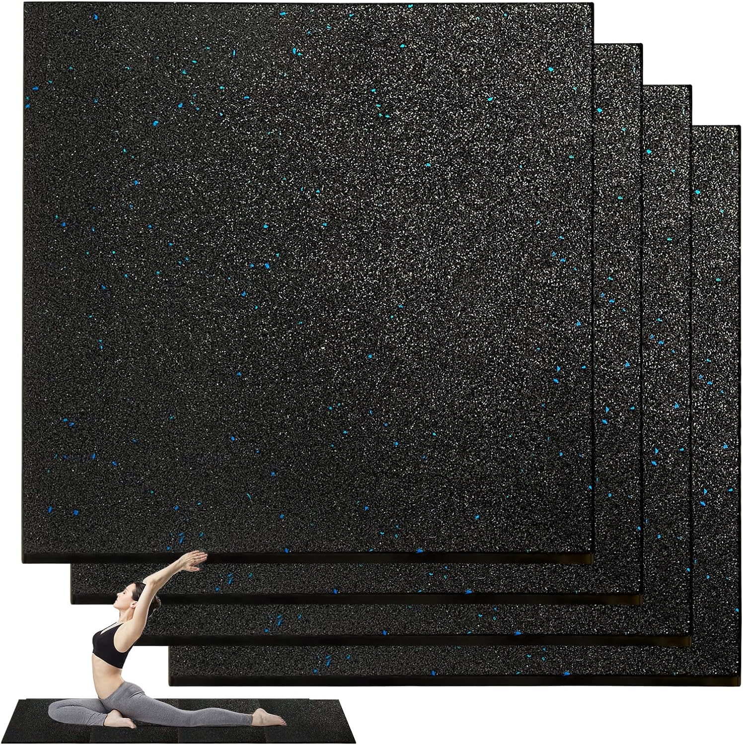 Gym Mat Flooring Heavy Duty Rubber Mat 15MM Thickness Exercise Mats Premium Slip-Resistant, Shock Absorbent, Solid Rubber Matting for Gymnastic, Sports & Fitness (Black + Grey Dots, 50CM X 50CM, 4)