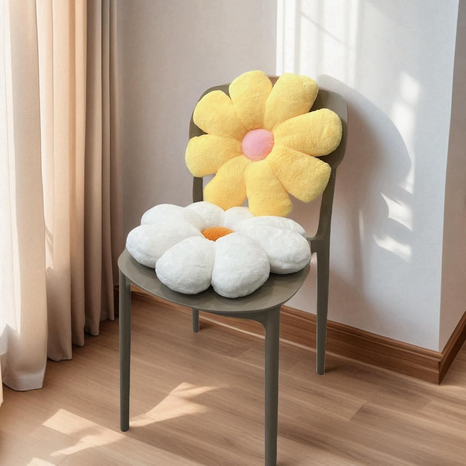 2 Pcs Flower Pillow Floor Cushion Decorative Throw Pillows Cute Aesthetic Pillows Cushions for Bedroom Preppy Room Bed Sofa Chair Decor (Yellow & White) image number 4