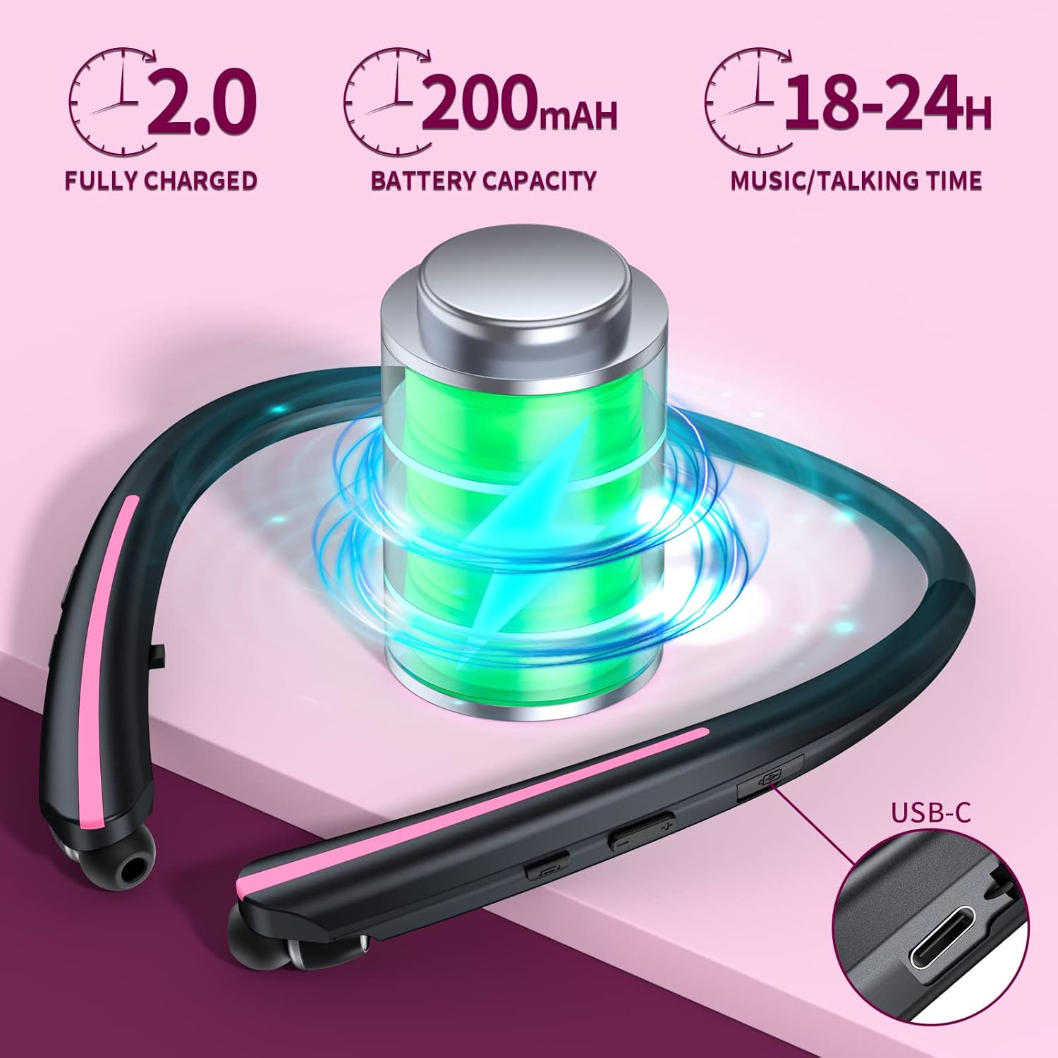 APPINESSEY Bluetooth Headphones Retractable Neckband, Bluetooth Headset with Microphone Vibration Call, Stereo Noise Cancelling Earphones for Workout Sports Driving (Black Pink) - Black Blue image number 3