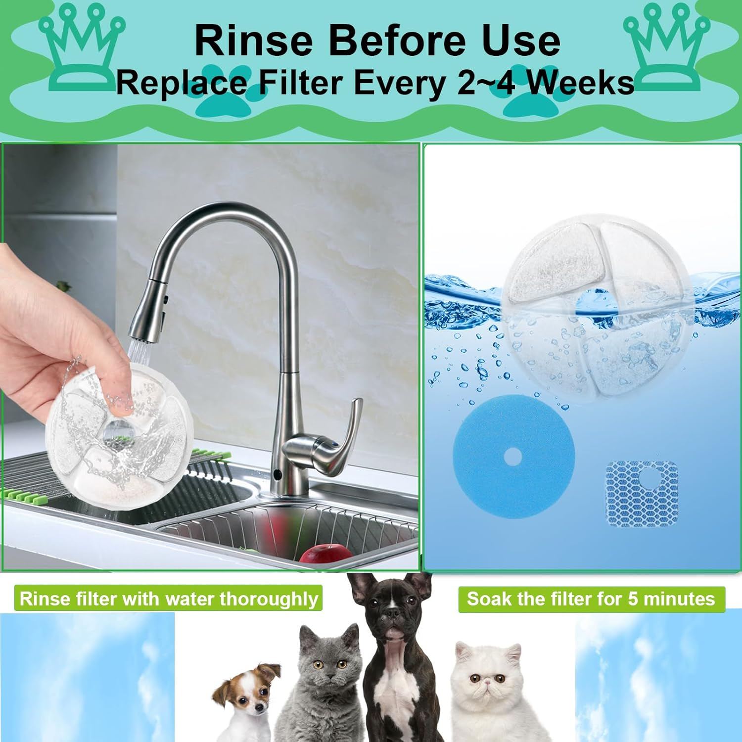 Cat Water Fountain Filter,Cat Fountain Filter Replacement for Square 2.2L/73Oz Stainless Steel Pet Water Fountain,5 Pack Pet Fountain Filter Replacement image number 6
