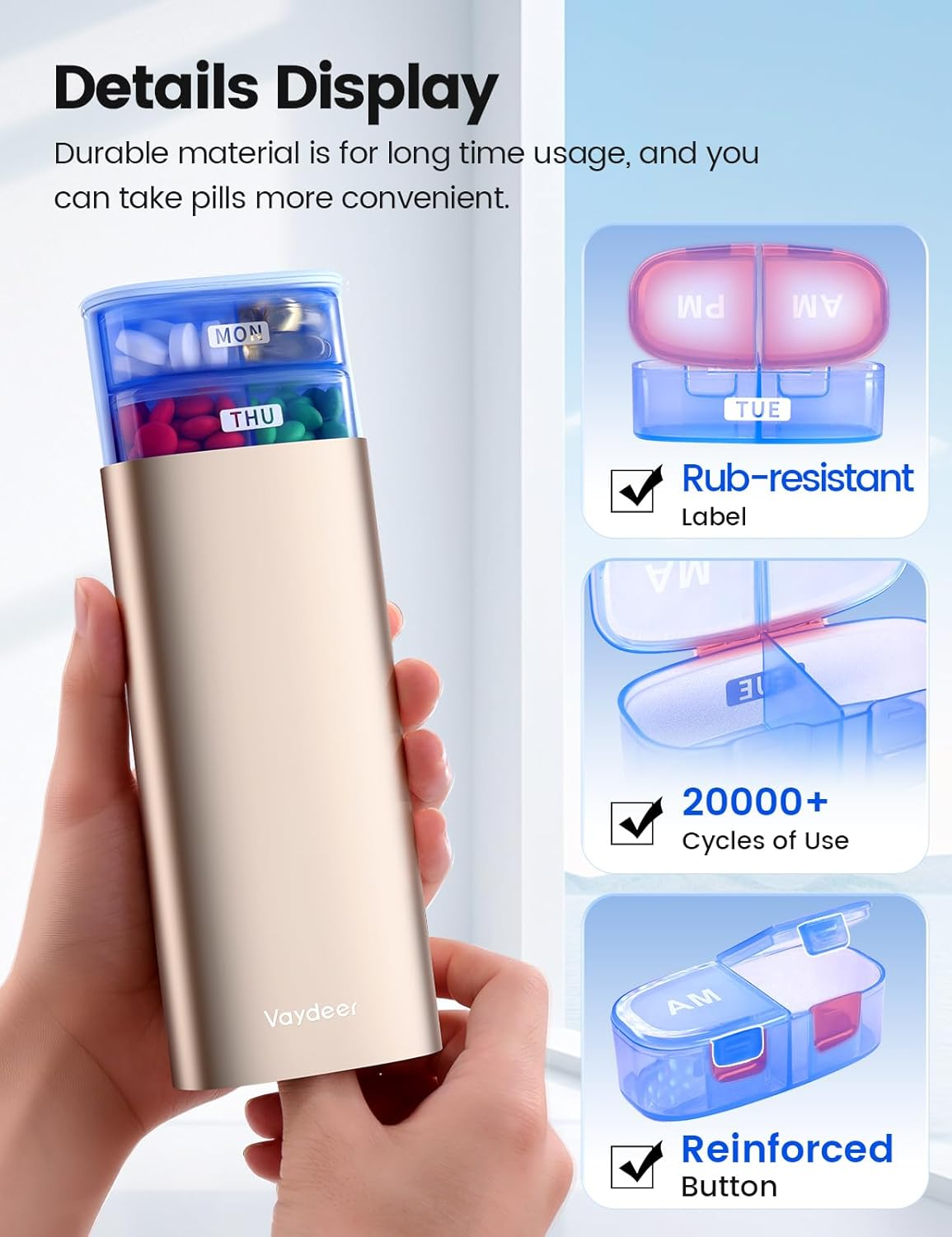 Vaydeer Large Weekly Pill Organizer 2 Times a Day,Metal 7 Day Travel Pill Box with Double Protection,Am PM Pill Case for for Medication, Vitamins, Fish Oils, Supplements(Champagne Gold)