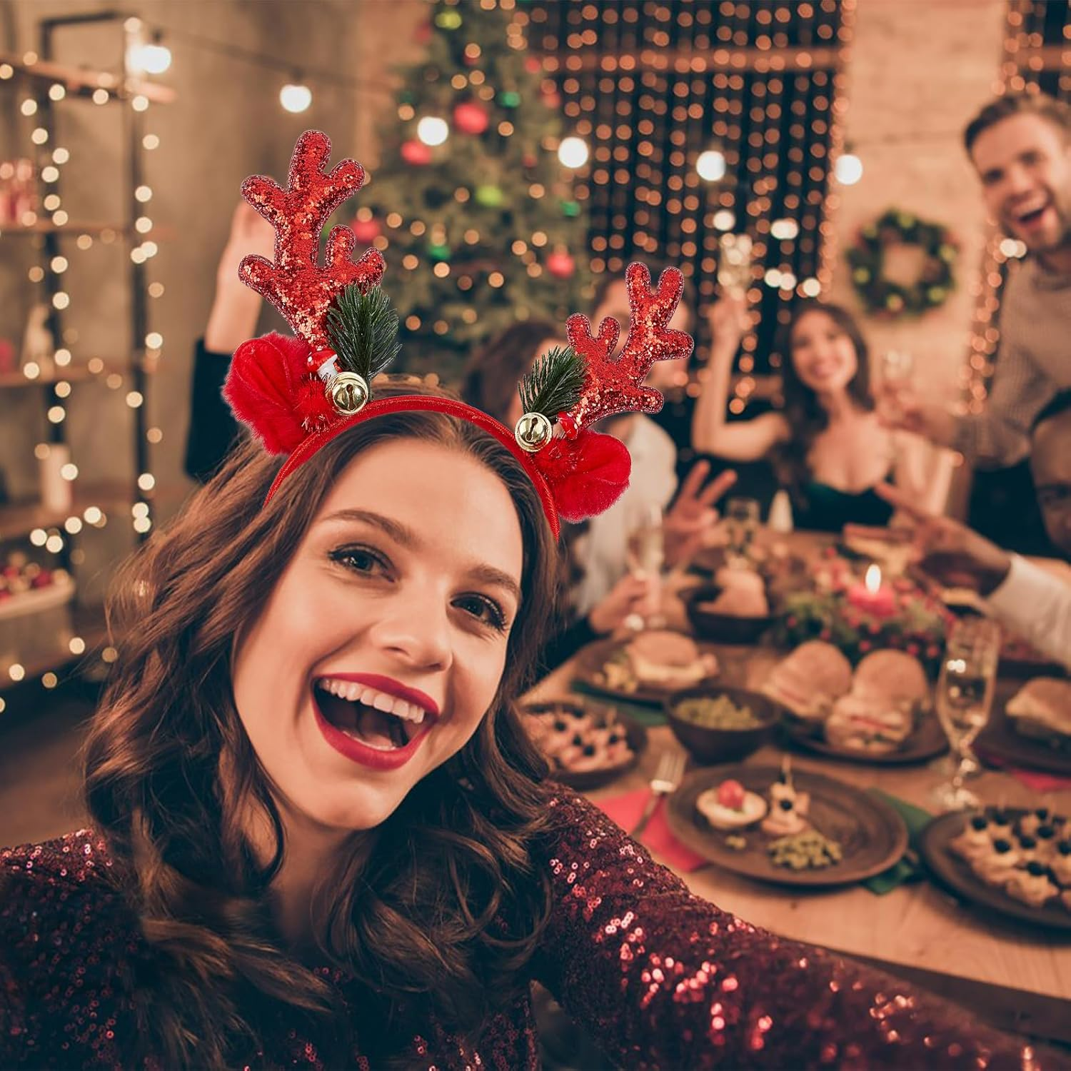 NICENEEDED Reindeer Antlers Headband Red Sequins Christmas Headbands with Deer Antlers Halloween Party Cosplay Costume Decorations for Adults image number 5