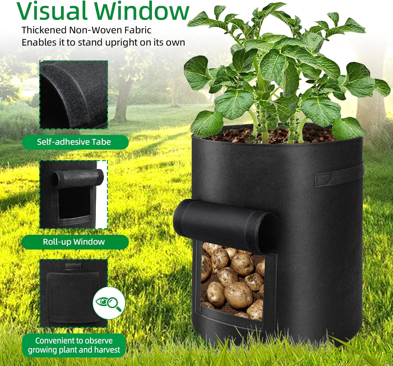 6 Pack Potato Grow Bags, 10 Gallon Planting Bags Large Fabric Pots with Flap Window Vegetable Planter Garden Pot Tall Potato Growing Containers with Handles for Vegetables, Fruits, Black + Grey image number 3