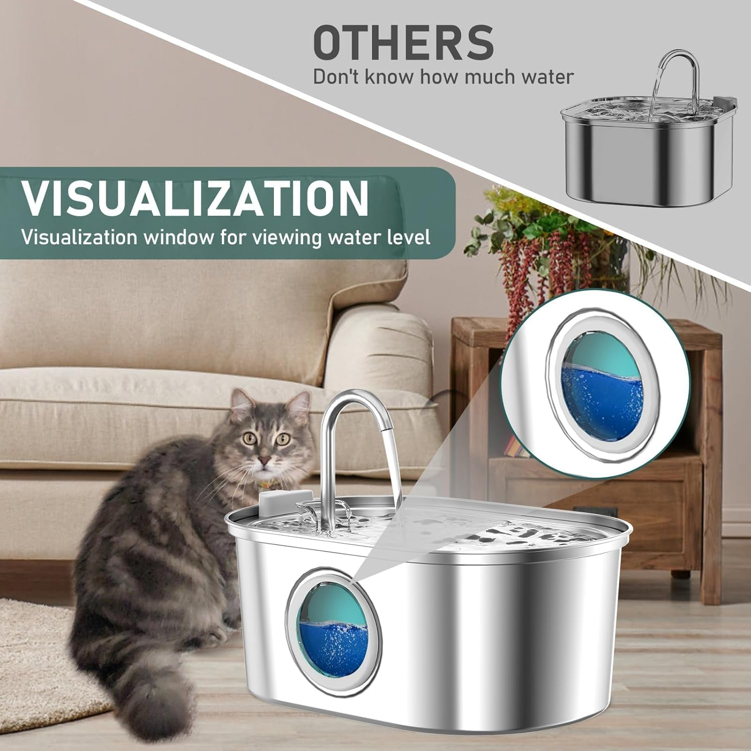 Luczeng Cat Water Fountain - 3.2L/108OZ Automatic Pet Drinking Fountain, Stainless Steel Cat and Dog Fountain with Water Level Window image number 4