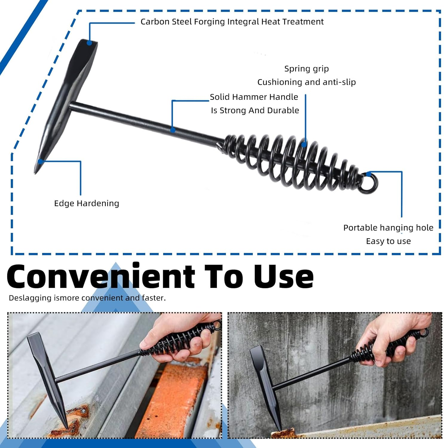 Glarks 3Pcs 500G Welding Chipping Hammer with Steel Wire Brush and Wire Scratch Brush Kit, Welding Hammer Slag Removal Tool with Coil Spring Handle, Cone and Vertical Chisel for Removing Slag image number 2