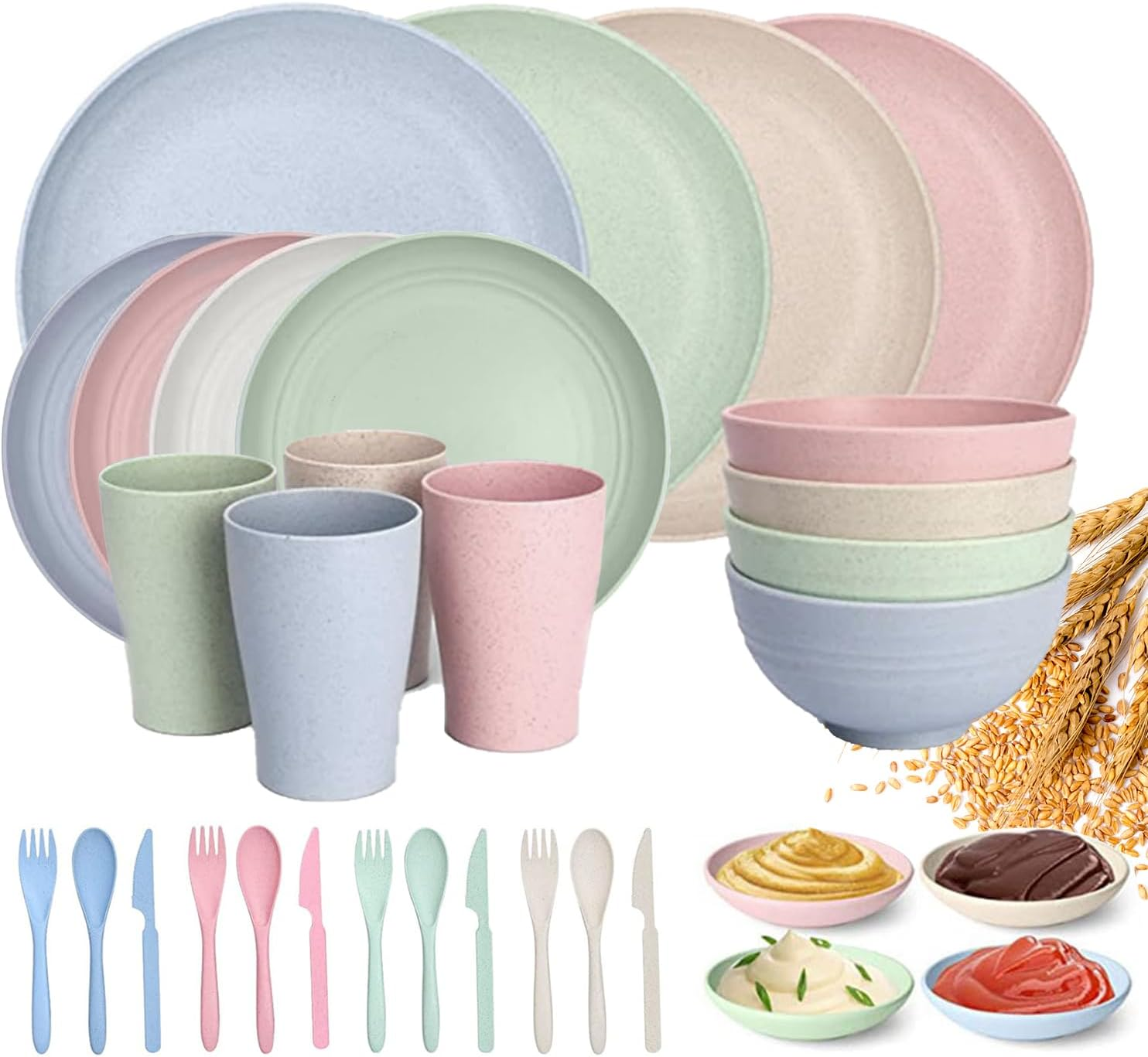 32 Pcs Wheat Straw Dinner Set for 4, Unbreakable Dinnerware Sets, Reusable Plates and Bowls Sets, Lightweight, Microwave & Dishwasher Safe, Eco Friendly, Perfect for Camping, Picnic【Size Upgrade】 image number 3