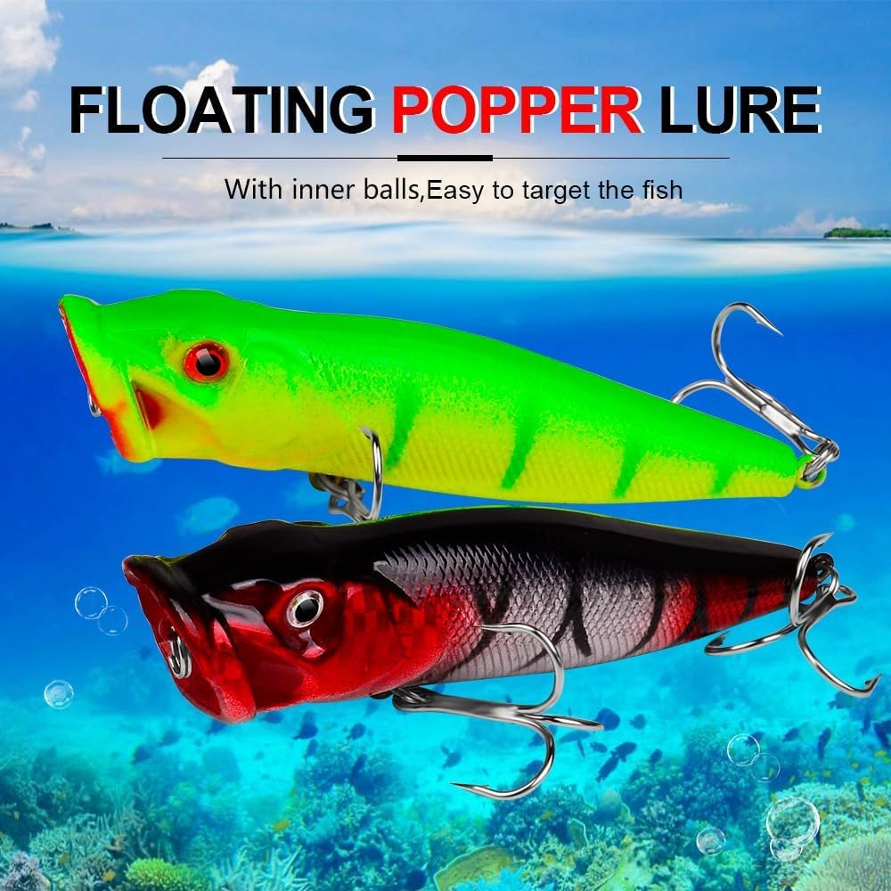 Origlam 5Pcs Floating Topwater Popper Fishing Lure 9Cm, Popper Fishing Lures Treble Hooks Fishing Tackle Accessory, Artificial Surface Fishing Lures for Pike Bass Salmon