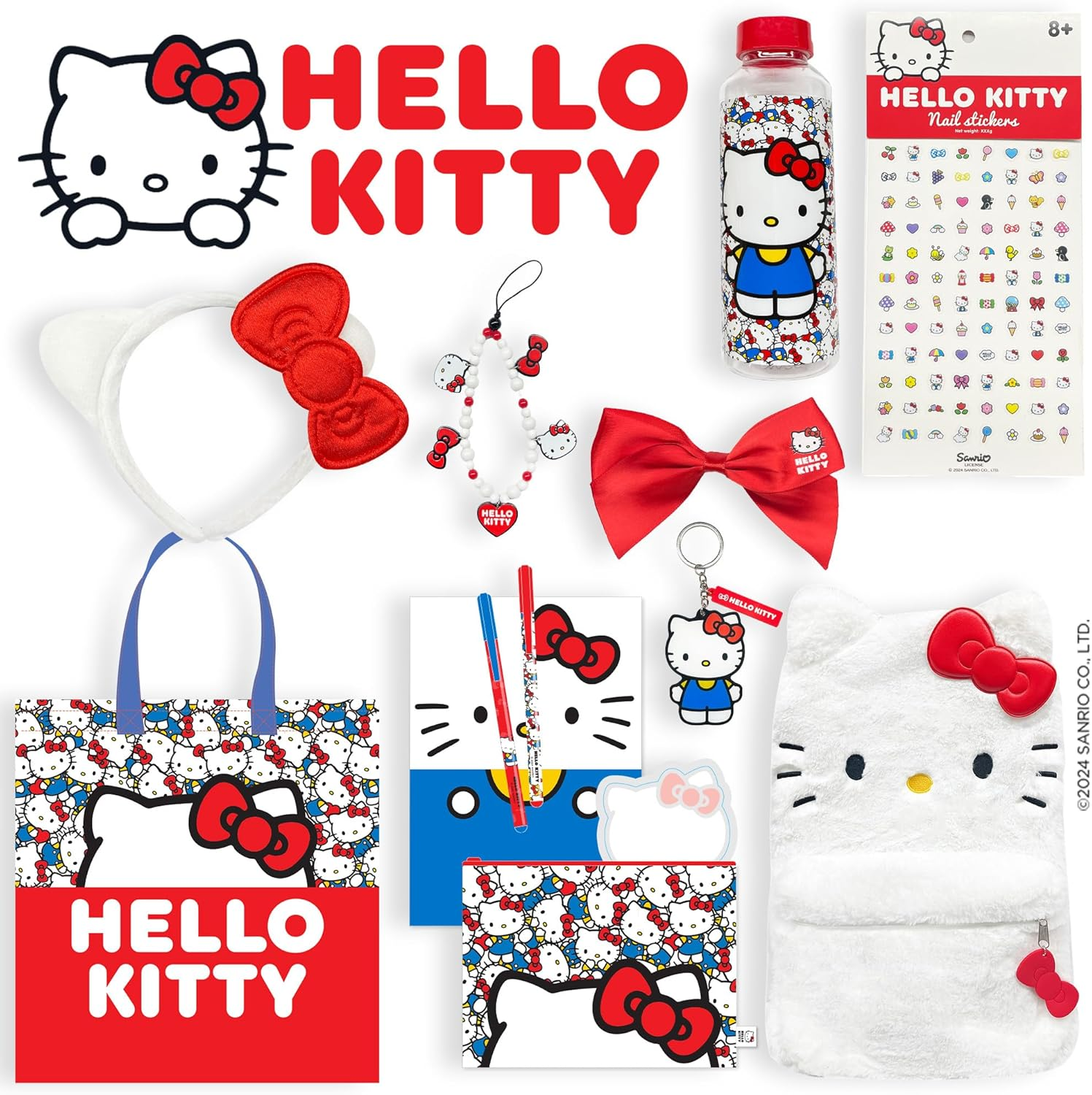 Hello Kitty Red Showbag 5 - Collectible Bag with Backpack, Drink Bottle, Headband, Bow, Phone Charm, Keychain, Nail Stickers, Stationery Set and Reusable Tote