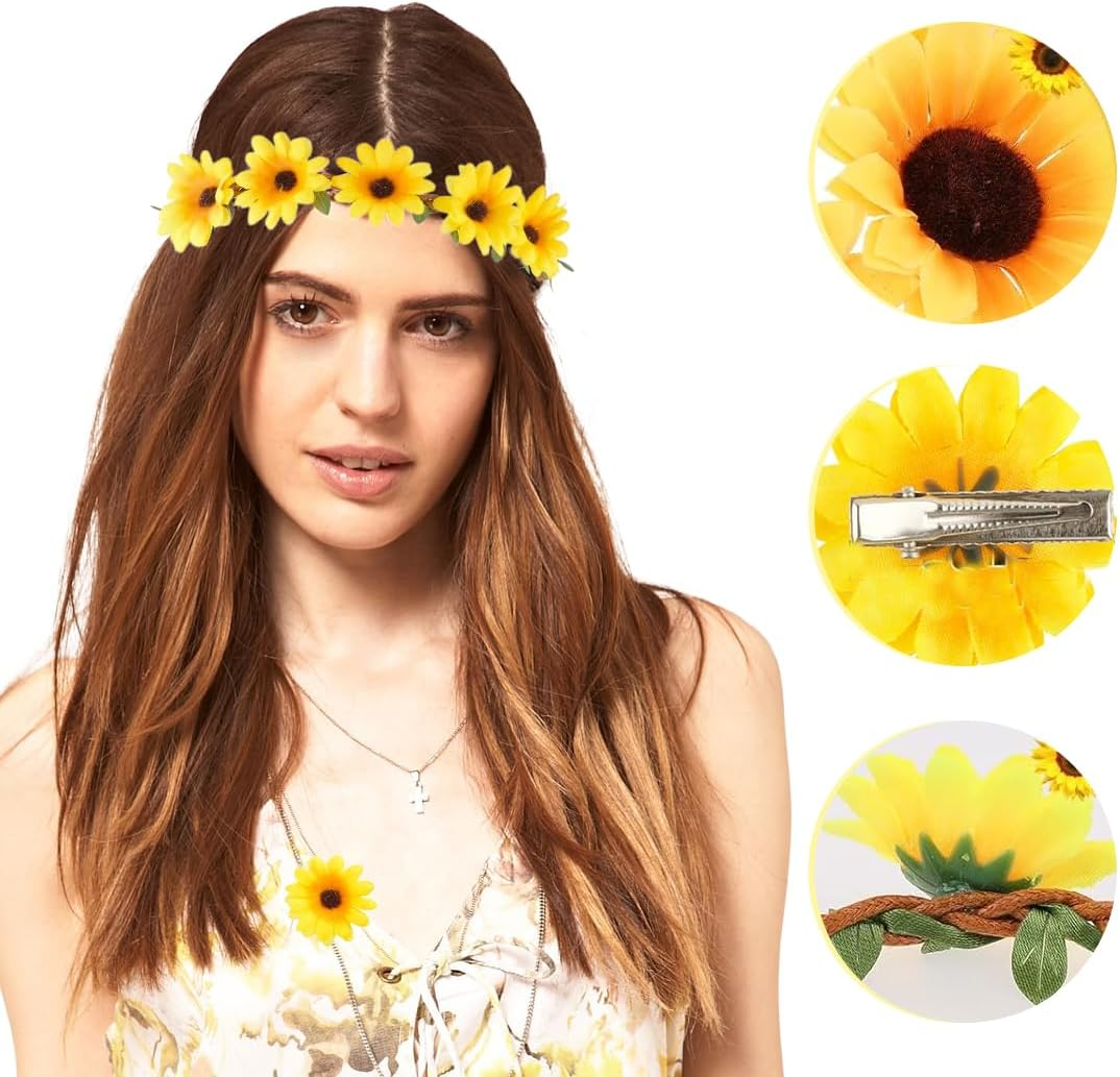 EYVRPAU 10 Hair Clips Flower Hair Band Sunflowers Headband Goose Flowers Hair Accessories Headband Flower Wreath Headdress Women Girls Beach Wedding Travel Carnival Party (Yellow) image number 3