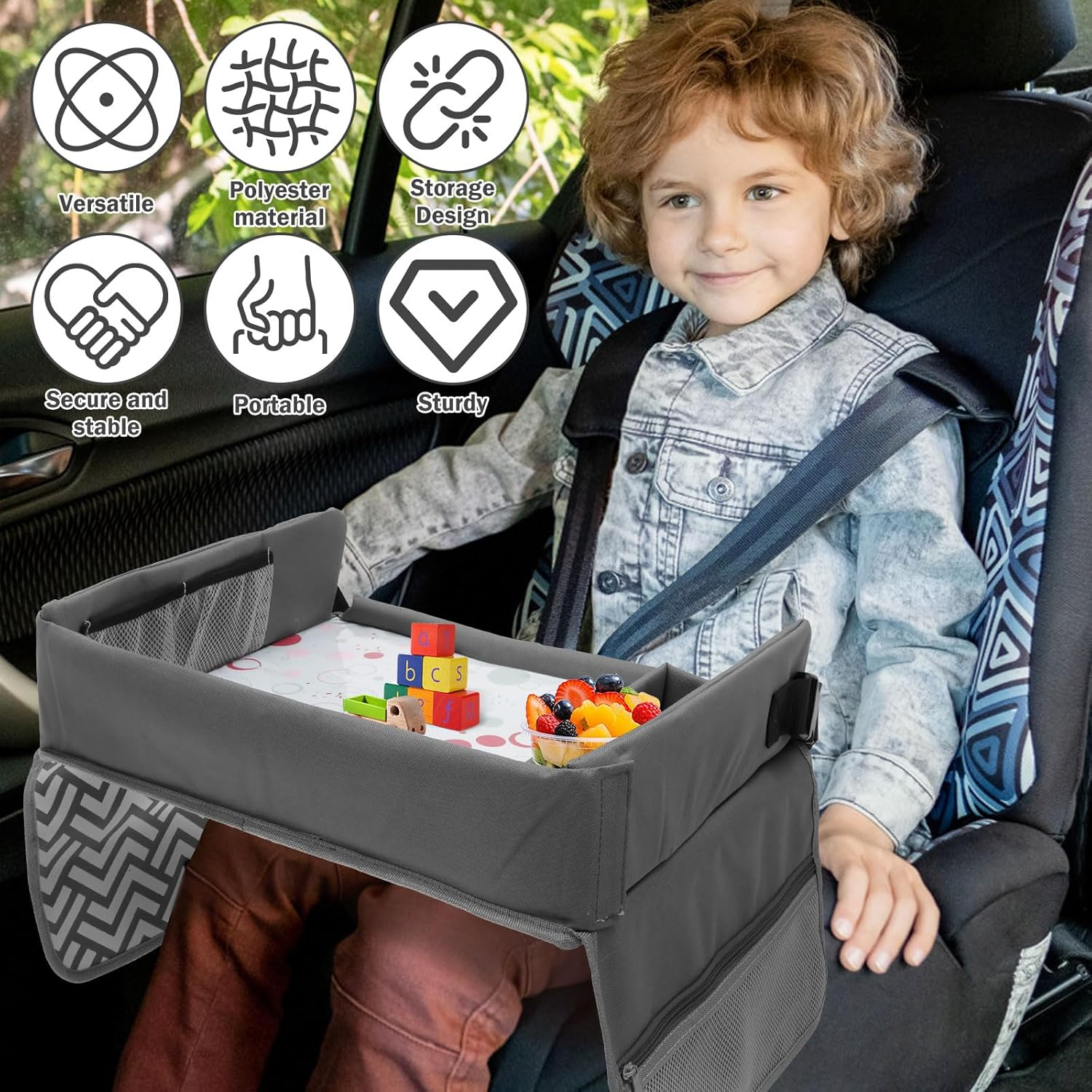 Kids Car Travel Tray for Car Seat, Adjustable Lap Desk with Storage Pocket for Toddlers Drawing, Eating, Fits Most Automotive Seats image number 1