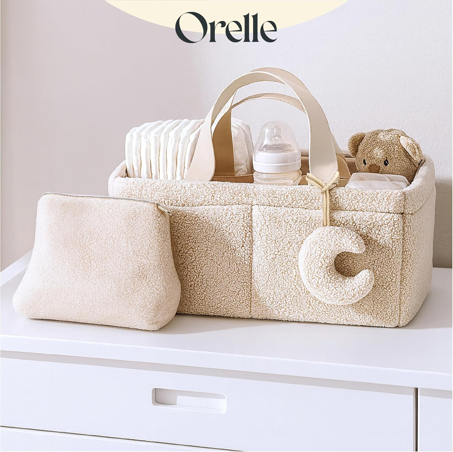 Orelle Sherpa Diaper Caddy Organizer with Matching Pouch | Portable Changing Table Organizer | Teddy Diaper Caddy | Baby Shower Gifts | Baby Organizers and Storage | Boucle Baby Basket | Cream image number 1