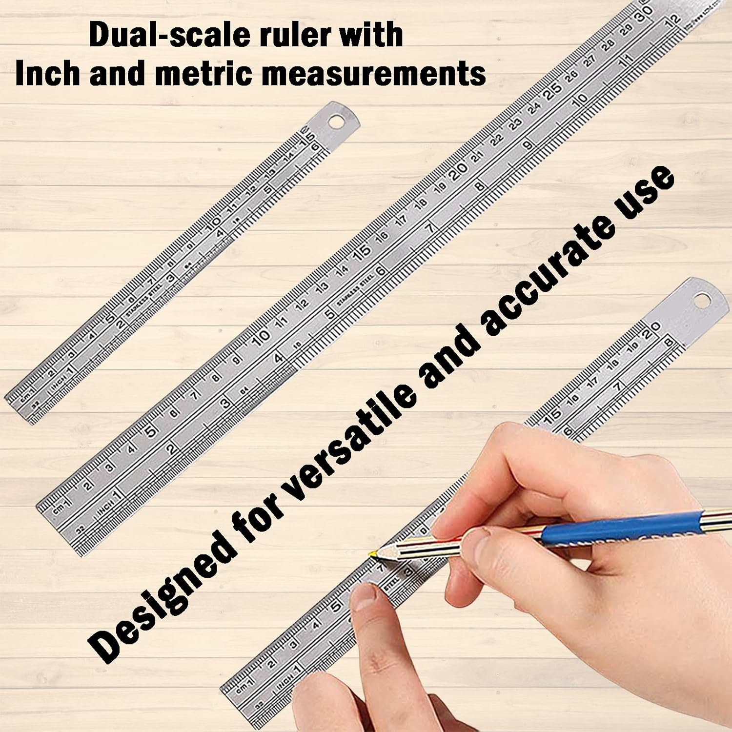 Treayes Metal, Sewing, Scale Ruler - 3 Pieces Stainless Steel Ruler, 12 Inch(30Cm) + 8 Inch(20Cm) + 6 Inch(15Cm), Perfect Straight Edge for Easy Measurements image number 2