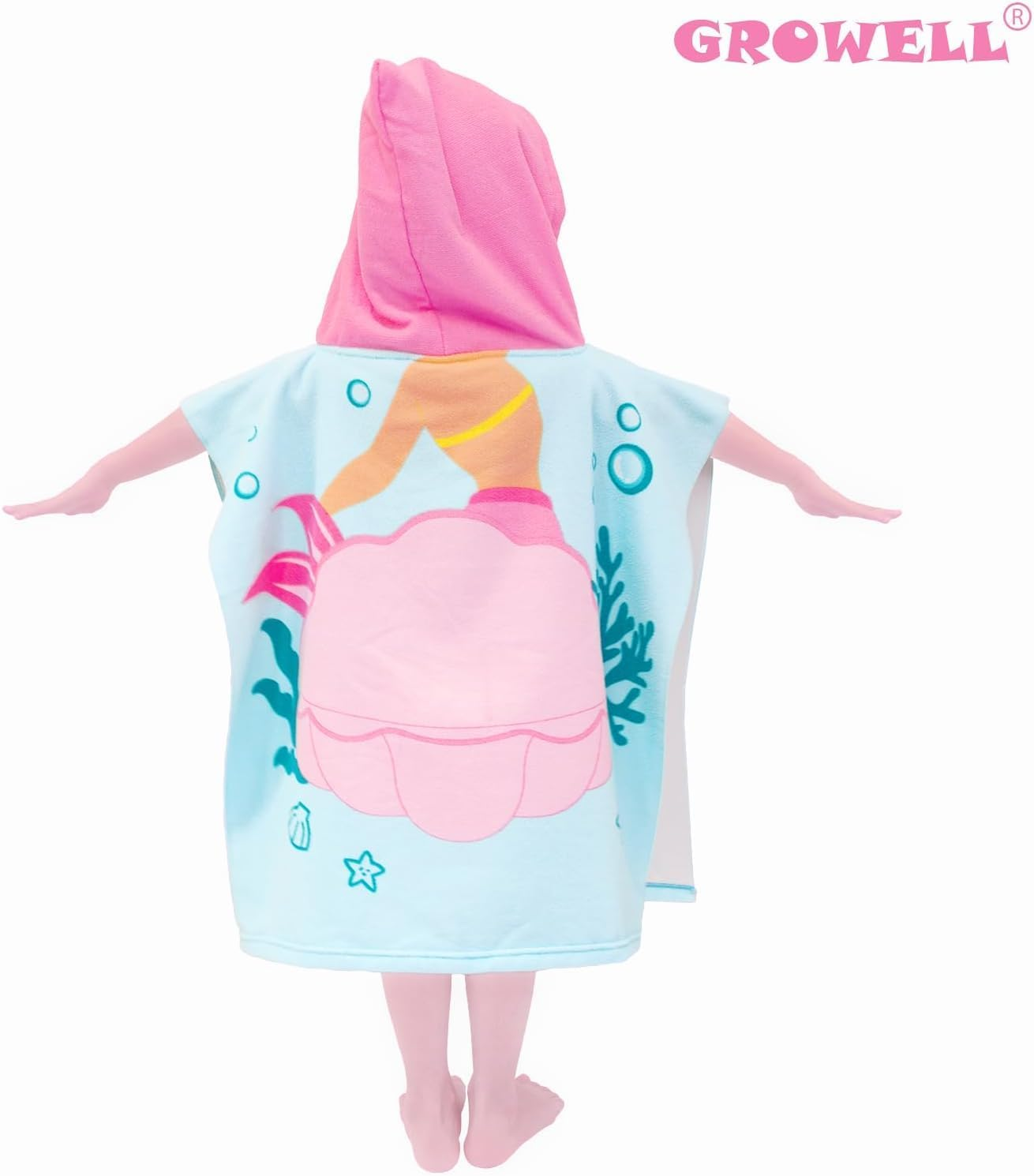 Hooded Kids Beach Towels - Toddler Bath Towel Girls Boys Swim Cover-Ups for Ages 1 to 6 Kids Pool Towels Quick Dry Lightweight Soft Microfiber Poncho Towel 60 X 120Cm (Mermaid Seashell) - Mermaid Seashell image number 1