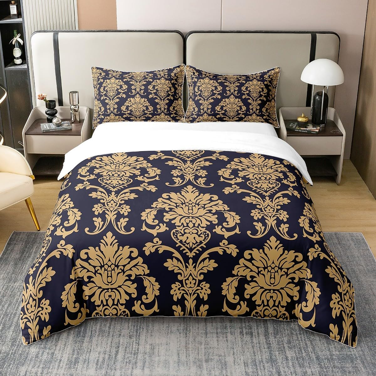 100% Cotton Adult Black Damask Bed Linen Set Antique Victorian Baroque Duvet Cover 220 X 240 Cm Gothic Vintage Floral Comforter Cover Bohemian Exotic Breathable Duvet Cover
