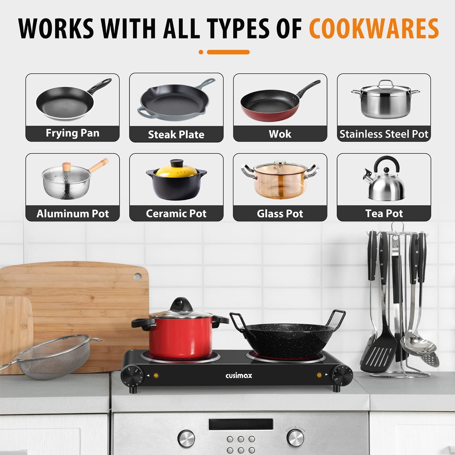 CUSIMAX Infrared Double Hot Plate 1200W & 1200W, Double Ceramic Hotplates Electric Stove for Cooking with Independent Adjustable Thermostat, Cooktop Burner, Compatible for All Cookwares image number 1