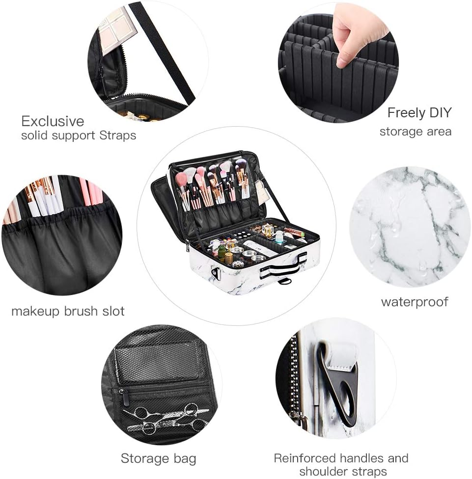 Makeup Case Travel - Large Makeup Bag 16" Professional Makeup Train Case with Adjustable Strap, Leather Makeup Artist Box for Hair Curler Hair Straightener Brush Set and Cosmetic, White Marble, image number 2