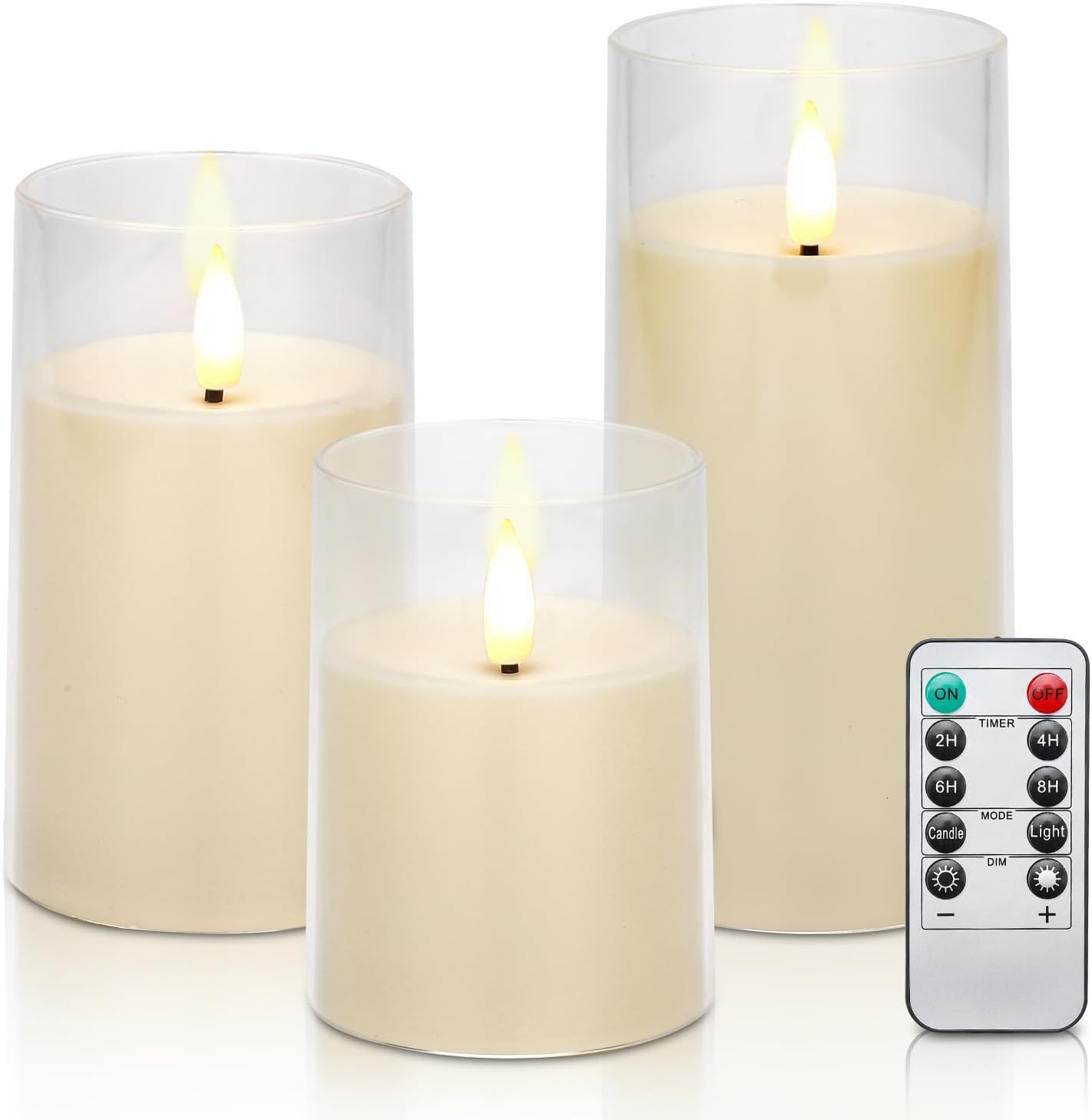 Clear Glass Flameless Candles Battery Operated with Timer, Remote Control, LED Pillar Candles Battery Powered, D3 H4 5" 6", Set of 3 (Ivory White)