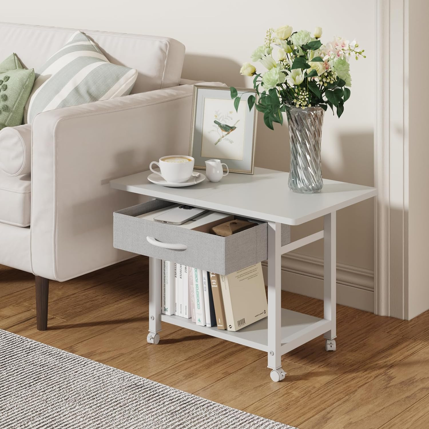 YAOHUOO 22"X15" Large Printer Stand with Storage Drawer, 2-Tier under Desk Printer Table for Home Office, Printer Cart Fit Fax Machine/3D Printer/Scanner(White) image number 2