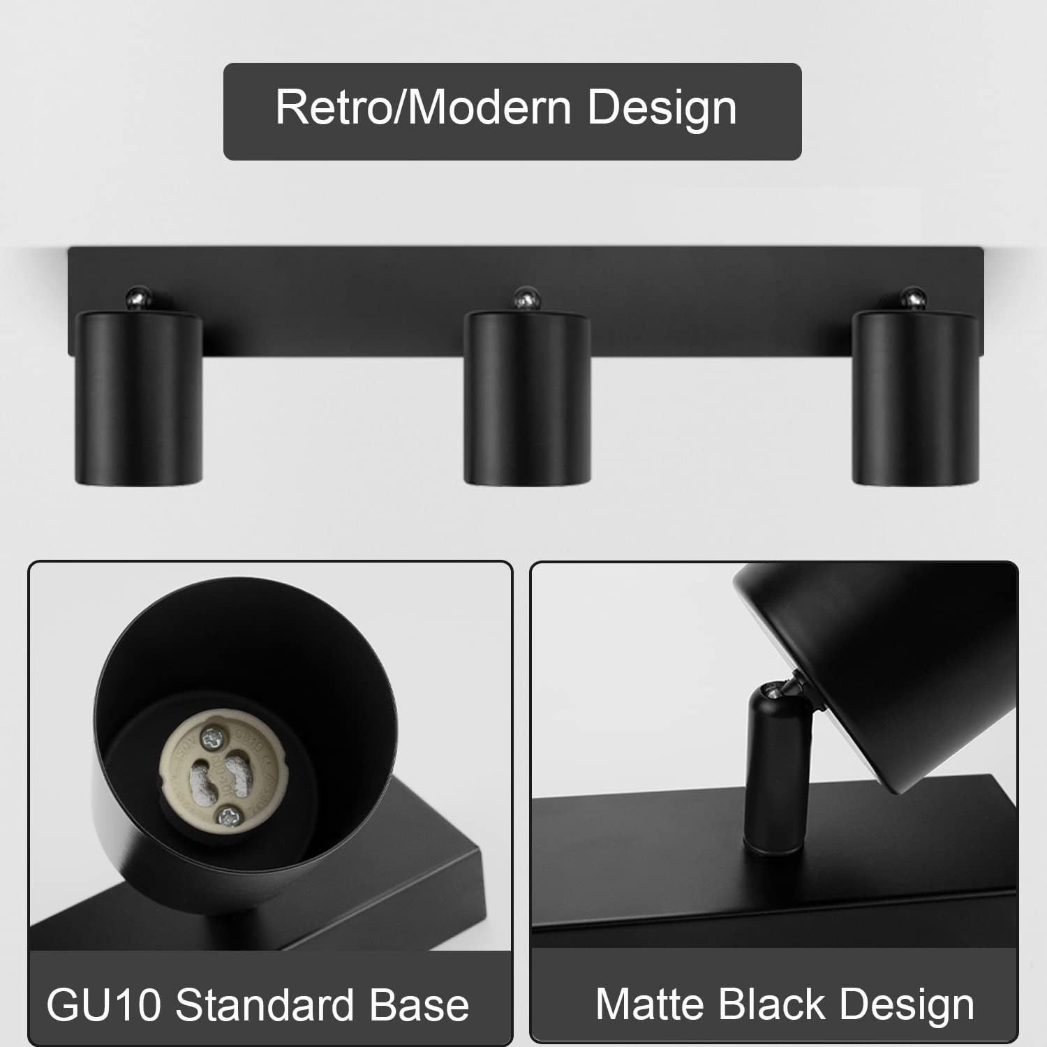 Dehobo Adjustable Ceiling Spotlights, Black Spotlight Ceiling Light with GU10 Socket, Modern Spotlight Rails and Rails, without Bulbs, 3 Spotlights for Kitchen, Bedroom, Living Room, Hallway, Dining image number 6