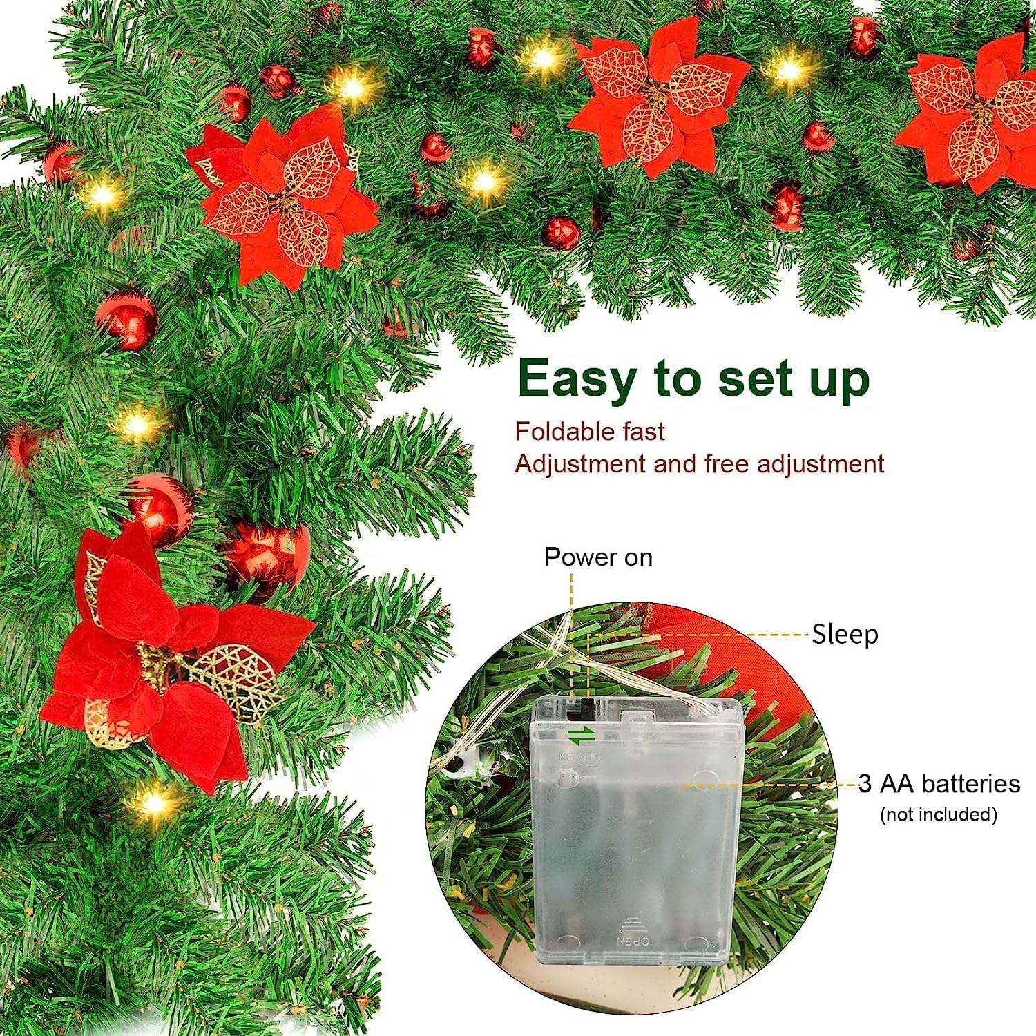 Christmas Garland, 2.7M Christmas Rattan Christmas Artificial Flower Vine for Home Stairs Fireplace Front Porch Door Display Indoor Outdoor Xmas Decor(Green,2.7M) image number 1