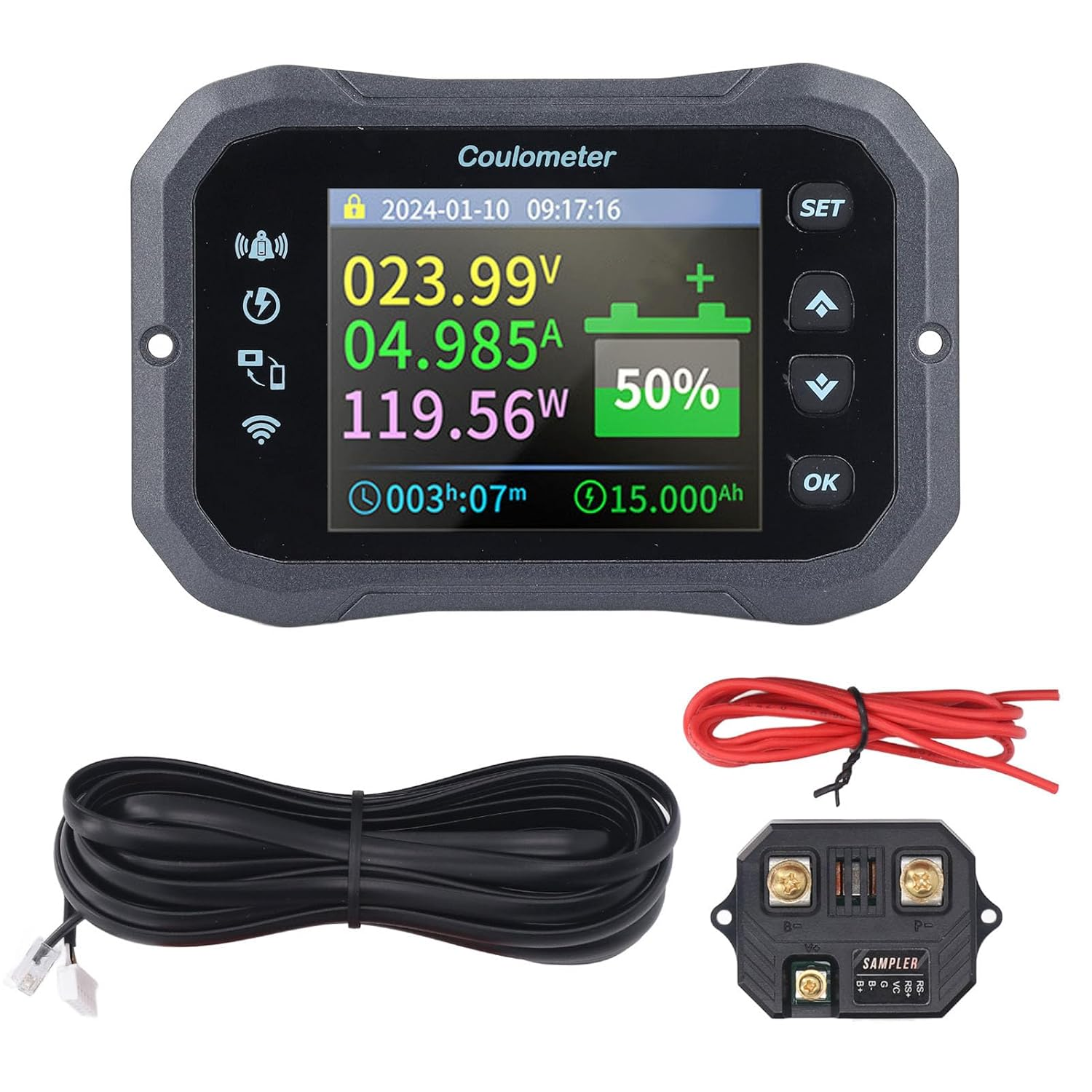 Battery Monitor, 2.4 Inch HD Color LCD Battery Capacity Monitor, Bidirectional Detection Bluetooth Remote Monitoring Smart Shunt with 5M Communication Wire for RV, Car, Golf Cart image number 5