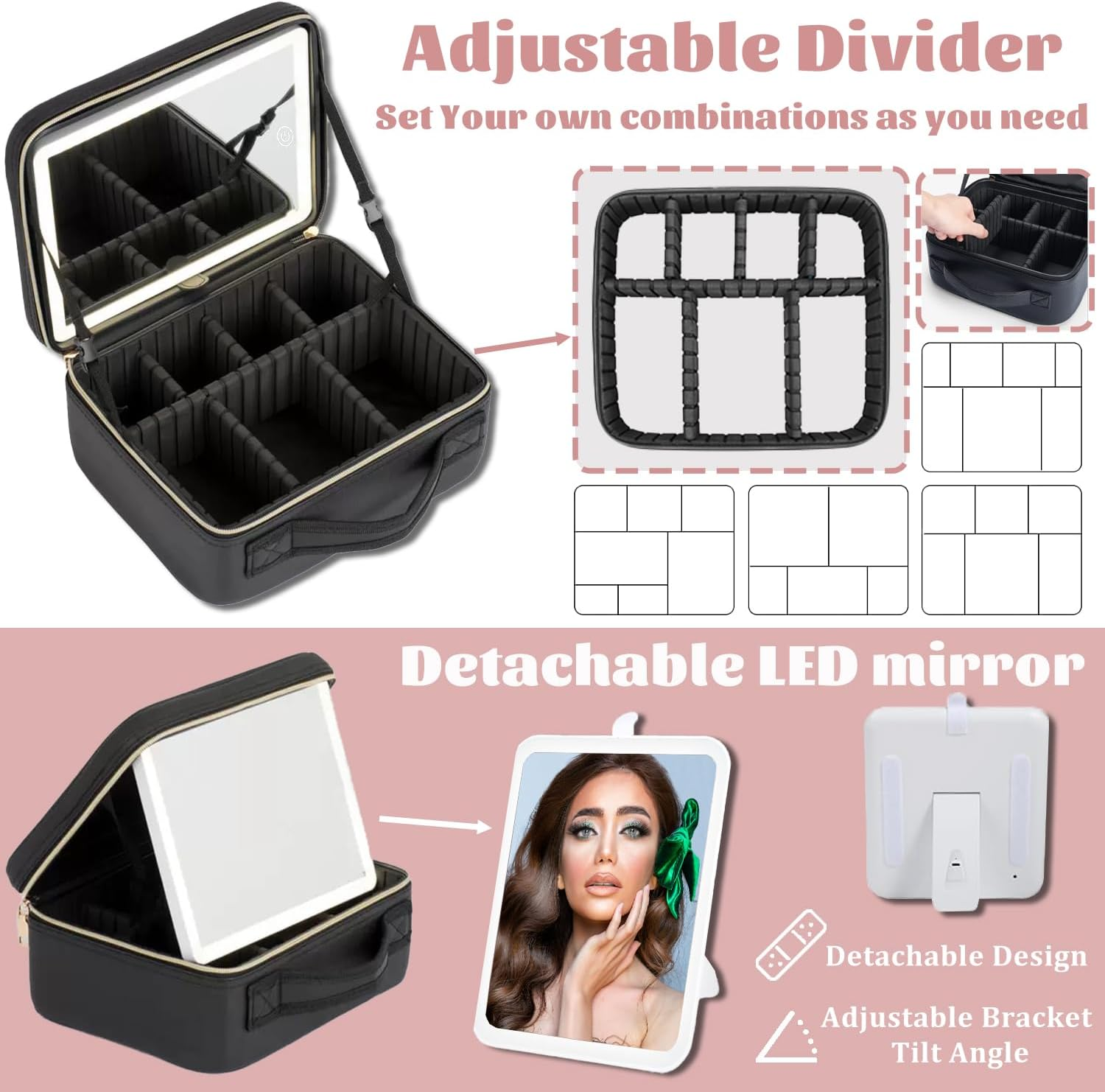 VNIMTI Travel Makeup Bag with LED Mirror, Makeup Train Case for Women, Portable Cosmetic Bag with Brush Organizer Storage Box Vanity Case, Adjustable Divider, 3 Color Brightness, Rechargeable, Pink