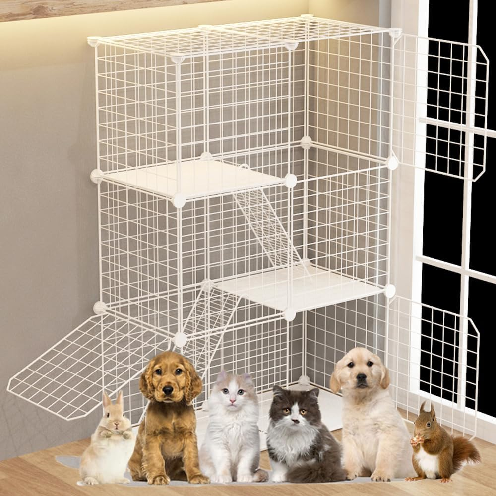 Ricjurzzty Cat Cage,Portable Metal Wire Mesh Detachable Outdoor & Indoor Kitten Enclosure with Ladders,Cat Exercise Place Crate for Kitty,Puppy,Rabbits and Small Animals (White, 3 Tier & 3 Doors) image number 5