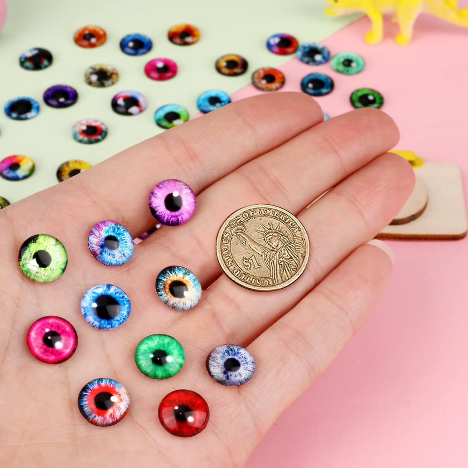 MWOOT Pack of 100 12 Mm Glass Eyes Glass Dragon Eye Kit, Dragon Eyes Glass Cabochon Eyes, 50 Style Animal Eyes Human Glass Doll Eyes for DIY Dolls Scrapbooking Jewellery Creations Halloween Craft Accessories image number 4