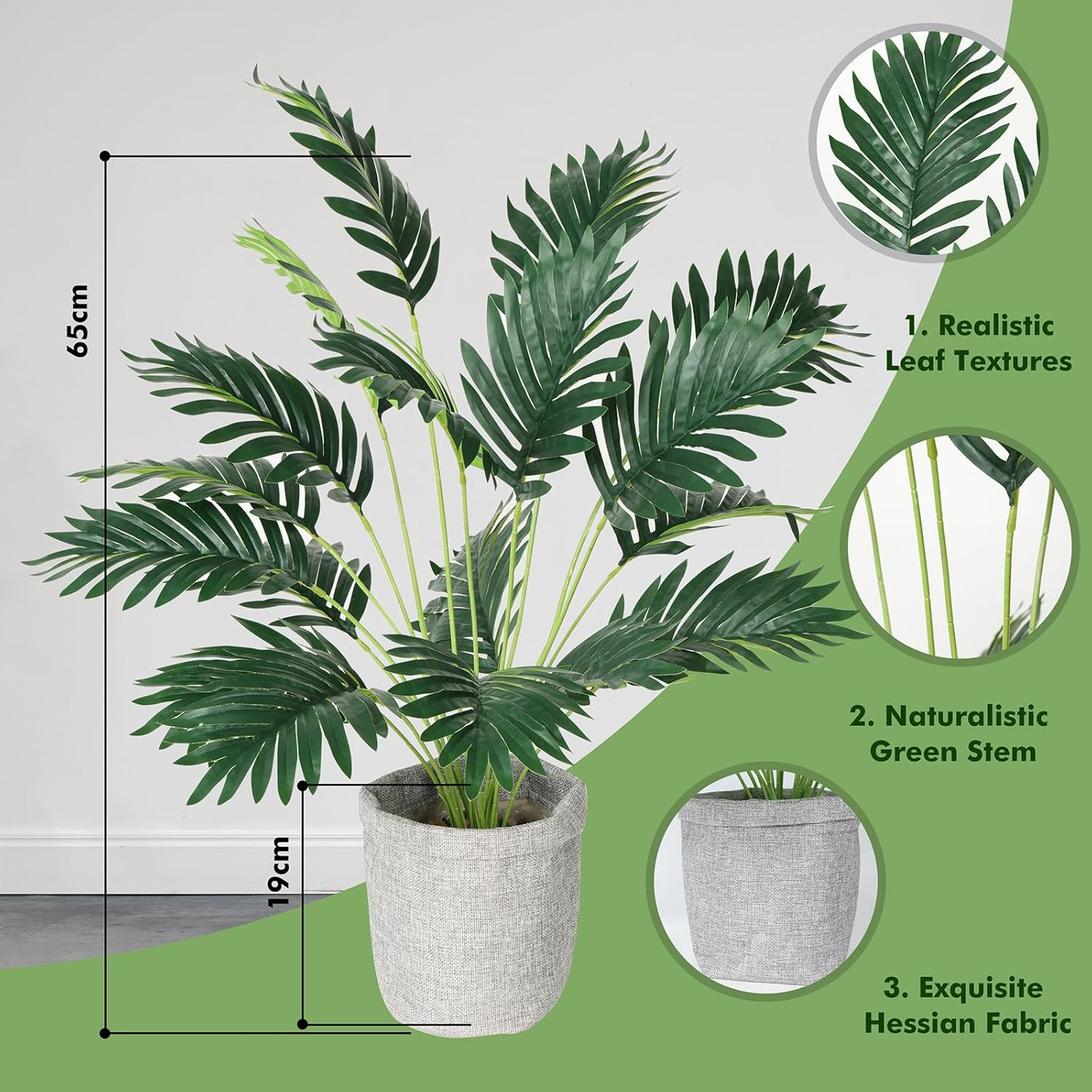 Artificial Areca Palm and Monstera Deliciosa Plants in Hessian Pot, 2-Pk, Large UV Resistant Fake Plants with Realistic Leaf Texture, Indoor Artificial Plants for Home Decor, 65Cm High, Fade Resistant image number 3