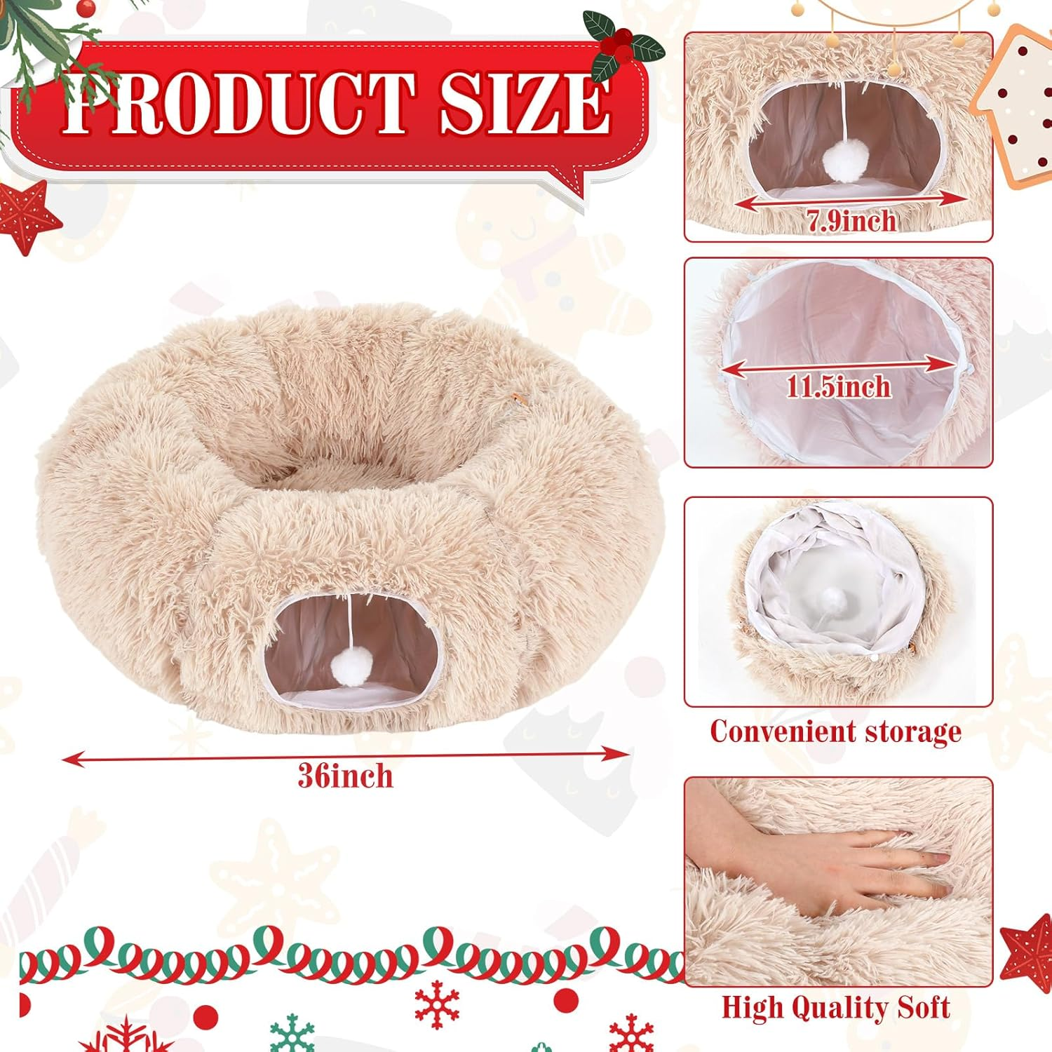Siltriangle Cat Tunnel Christmas Tree Skirt Large Soft Plush Tunnel Bed under Christmas Tree for Indoor Cats 36" Circle Donut Tube Bed with Central Mat for Cat Puppy Rabbit Kitten Xmas Gifts(Beige) - Green image number 5
