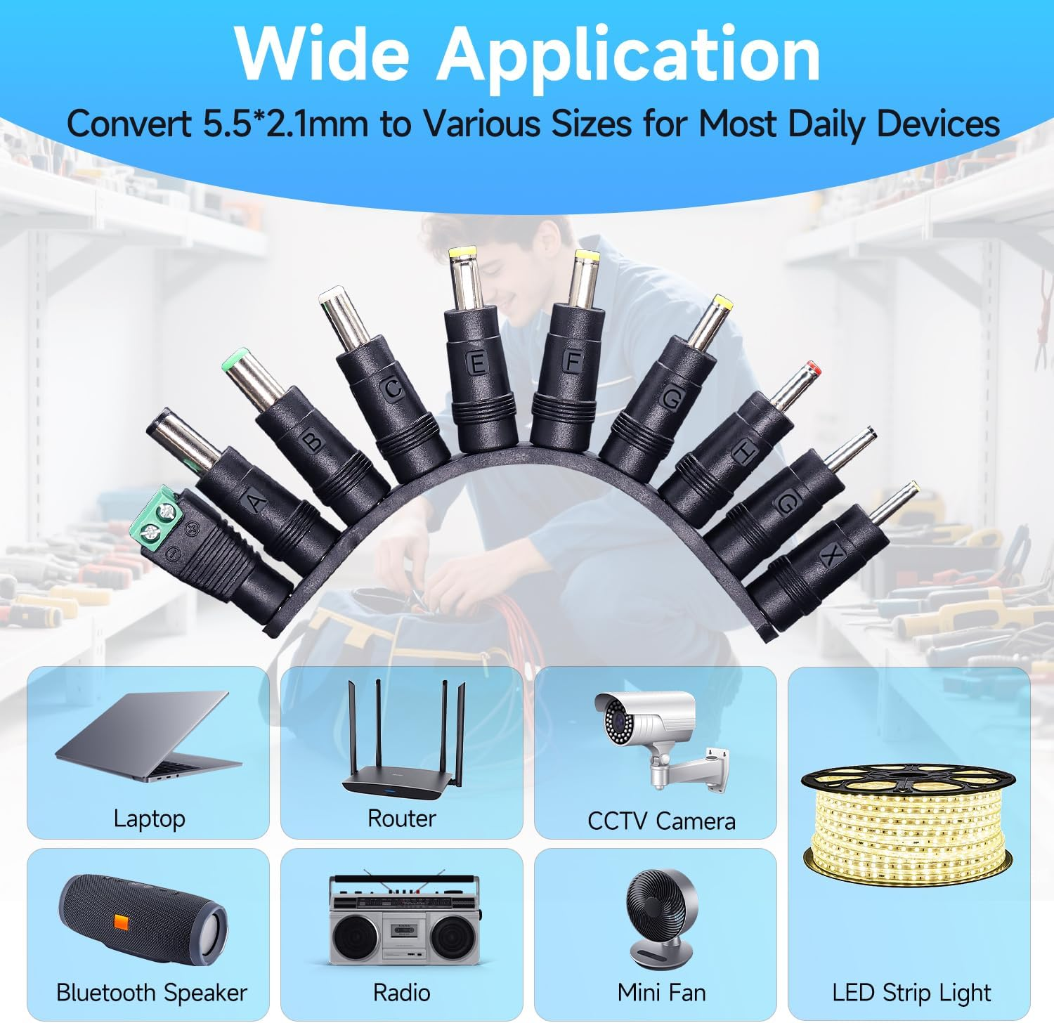 10PCS DC Power Adapter Connector Kit with 5.5 X 2.1Mm Female Base (2.5X0.7Mm/3.0X1.1Mm/3.5X1.35Mm/4.0X1.7Mm/4.8X1.7Mm/5.5X1.7Mm/5.5X2.5Mm/6.3X3.0Mm/6.0X4.4Mm/Led Terminal Connector) image number 4