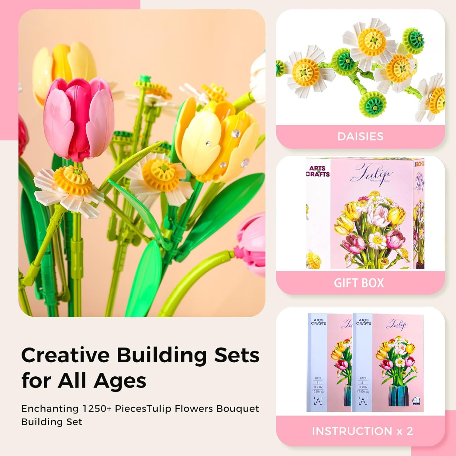 Flowers Bouquet Building Set with Tulips Daisies -1250 PCS Flower Model with Vase for Home Office Decor, Gifts for Mother'S Day Women'S Day Birthdays image number 6
