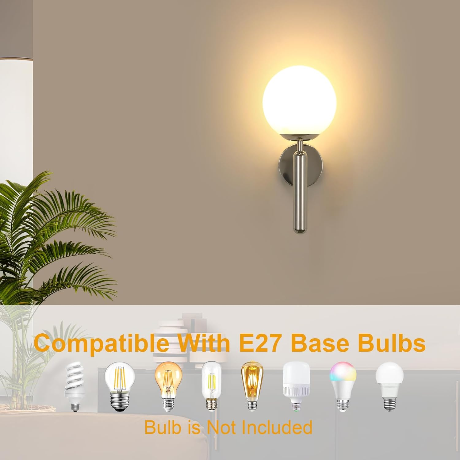 Goeco E27 Interior Wall Light Chrome with Glass Ball Shade Diameter 15 Cm Max 60 W Vintage Mood Lighting for Bedroom Living Room Kitchen Hallway No Bulbs image number 4