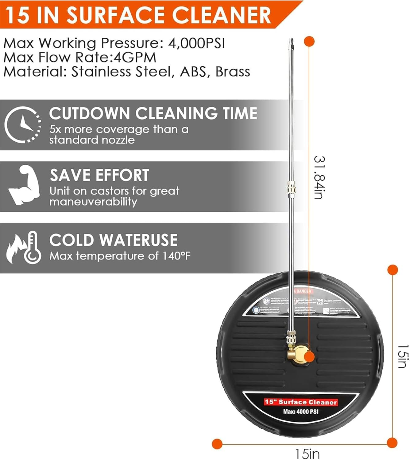 Pressure Washer Surface Cleaner, 4000PSI Pressure Washer Circle Attachment,15In Power Washer Disc Attachment with 2 Extension Wands for Cleaning Driveway, Sidewalk, Deck, Patio, Black image number 3