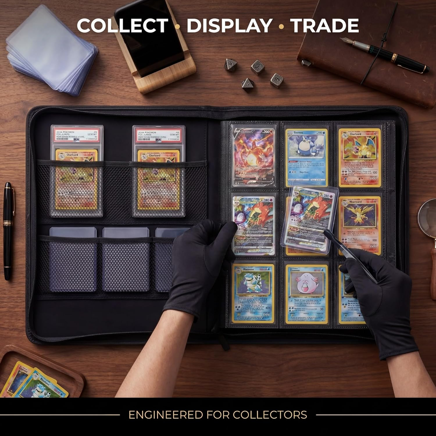 Toploader Binder 9 Pocket Holds 360 Toploaders - Collector Kit Gloves, Tweezers & Gift Box - Holder for 3X4 Top Loaders - Mesh Pocket for PSA Slabs Zippered Storage Album TCG & Sports Cards image number 5