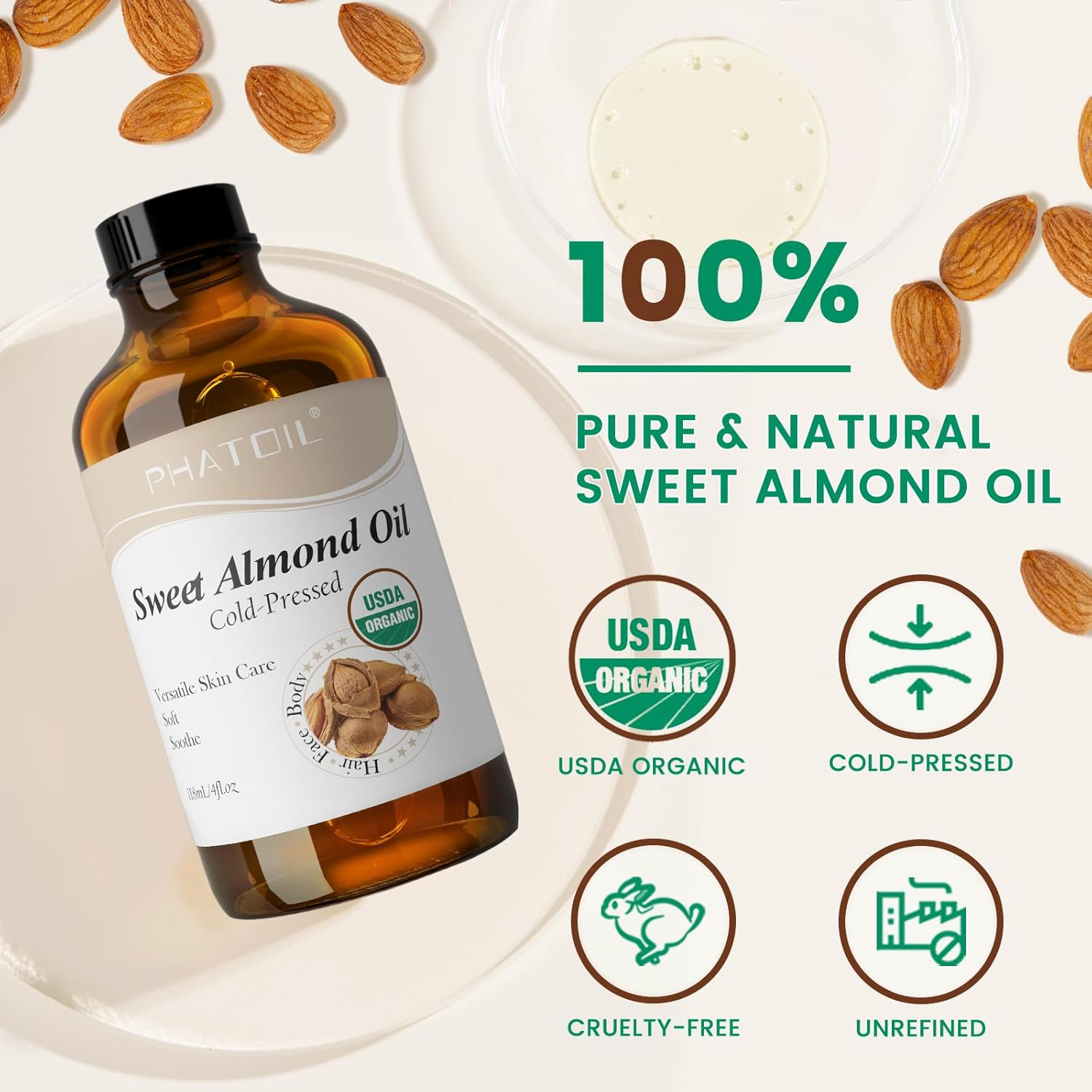 PHATOIL Organic Sweet Almond Oil for Skin 118 Ml (4 Fl.Oz), USDA Certified Organic, Cold Pressed Almond Oil in Glass Bottle for Hair, Face, Body Moisturizer, Carrier Oil for DIY, Massage image number 6