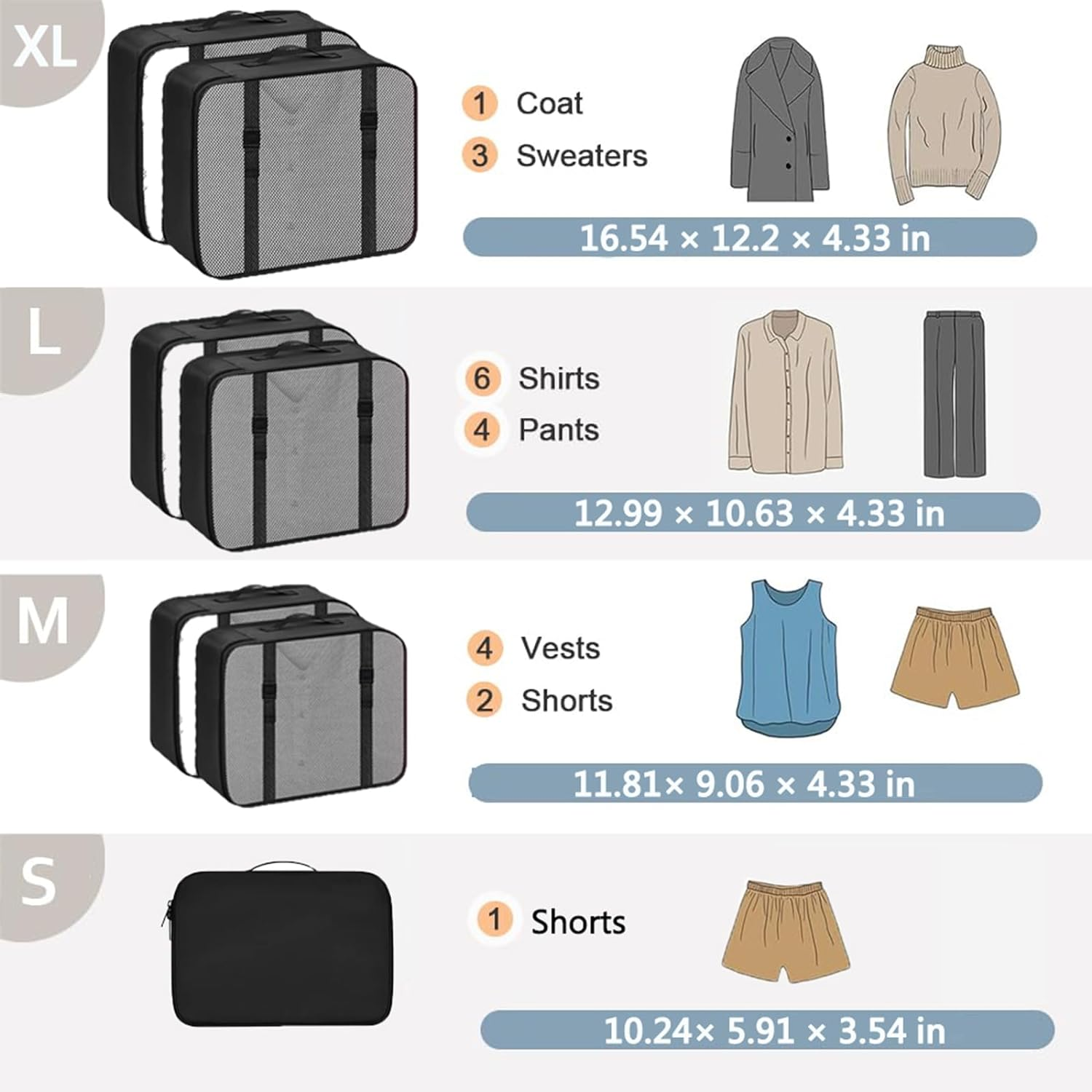 Packing Cubes, 7 Set Travel Packing Bags, Suitcase Organisers for Clothes, Travel Cubes Storage Bag Luggage Accessories (Black, Packing Cubes + Underware Bag) image number 6