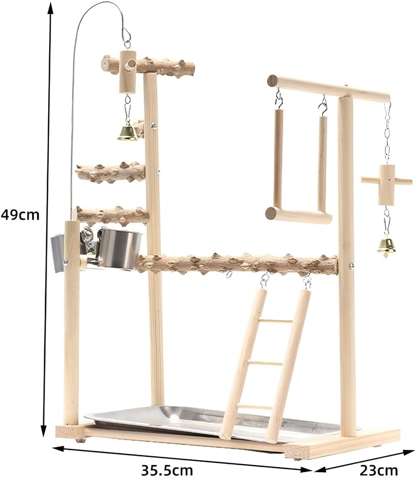 Bird Playground, Parrot Playstand with Wooden Perch, Ladder Feeder Cups and Hanging Bells Level Stand Ladder Cage Swings, Bird Toys Swing Exercise Life Activity Center Training Stand