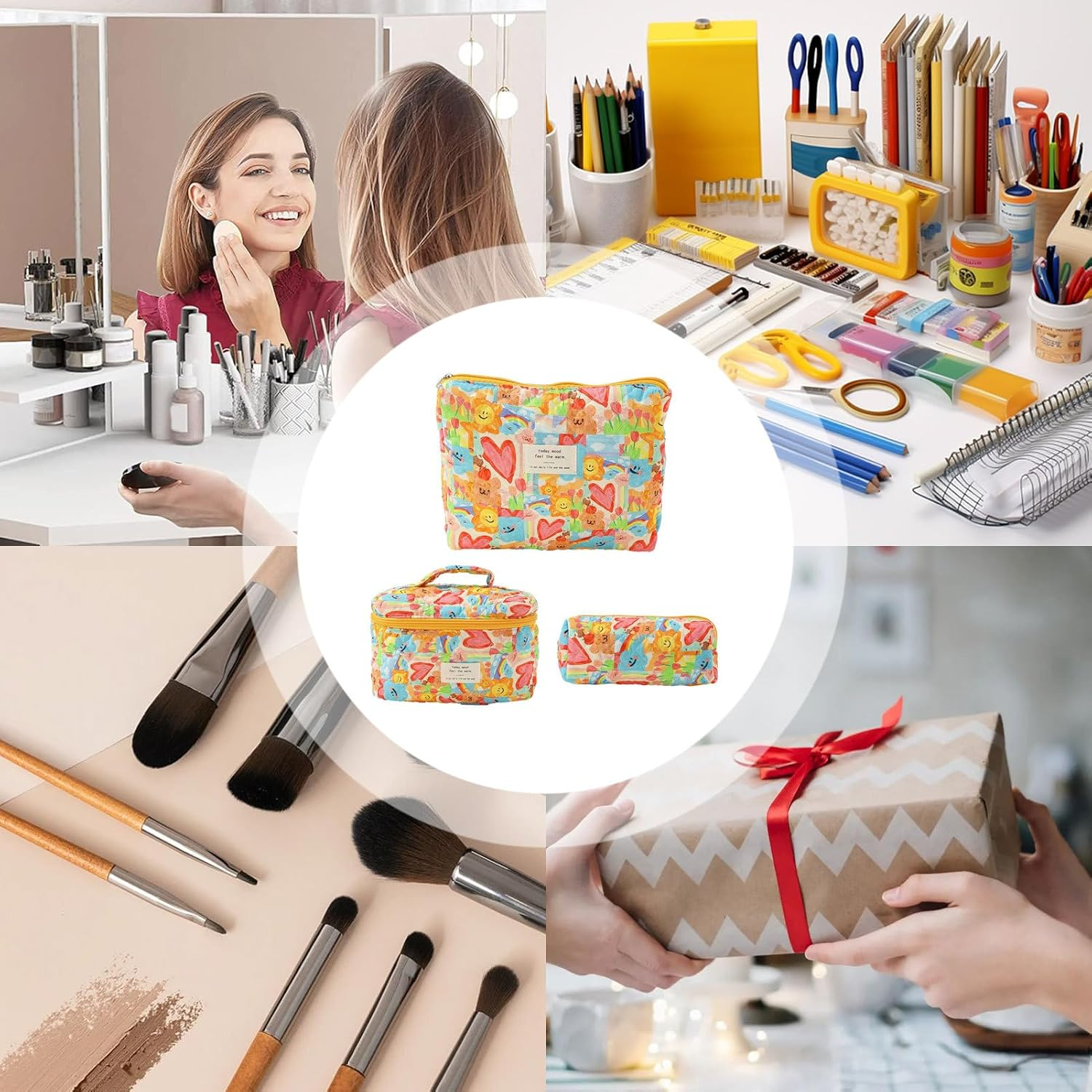 Flower Makeup Bag - 3 Quilted Cosmetic Pouches, Toiletry Tote, Travel Aesthetic Floral Pouch image number 3