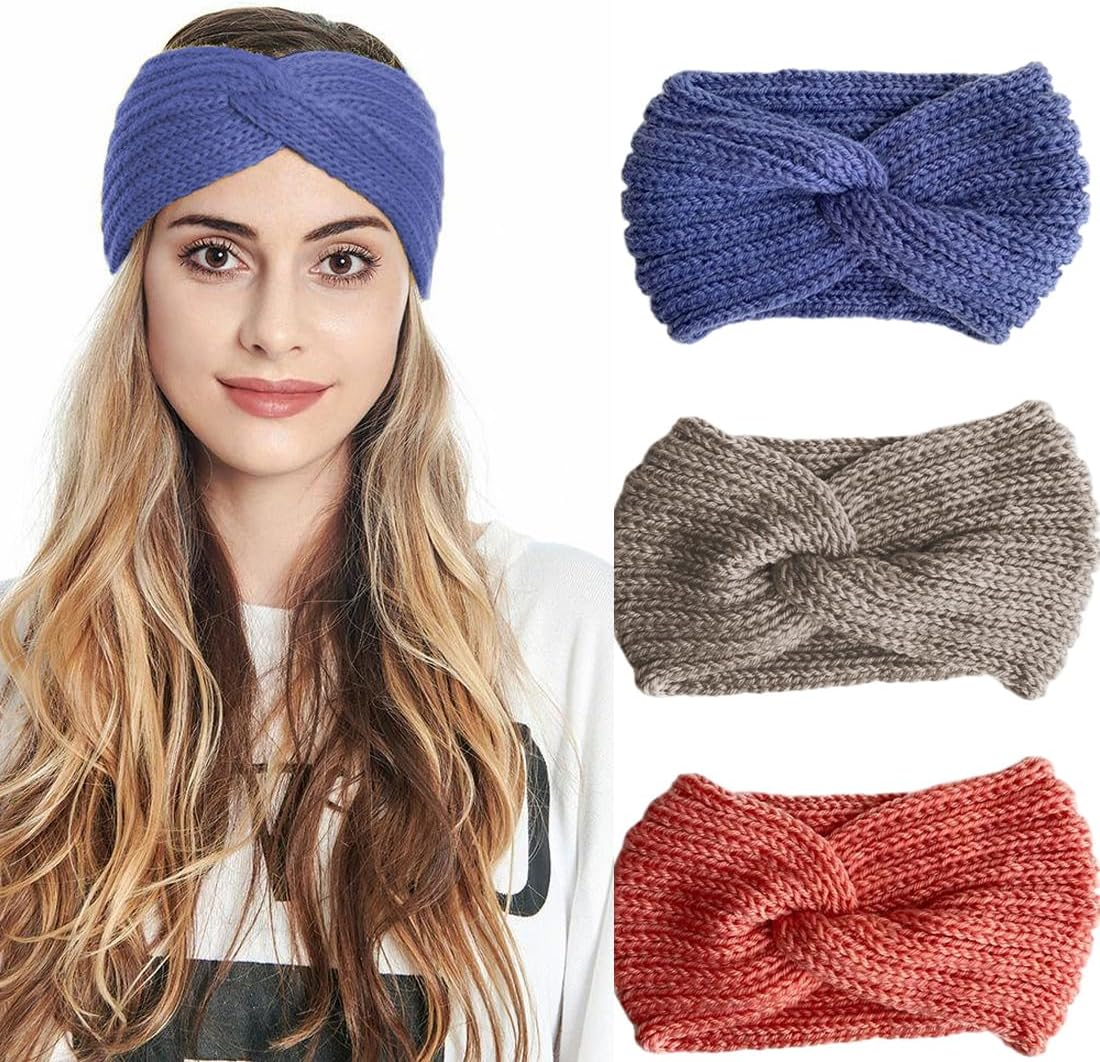 3 Pieces Knitted Headband Winter Women Winter Hair Bands Knitted Hair Bands Winter Crochet Head Wrap Khaki Pink Denim Blue image number 1