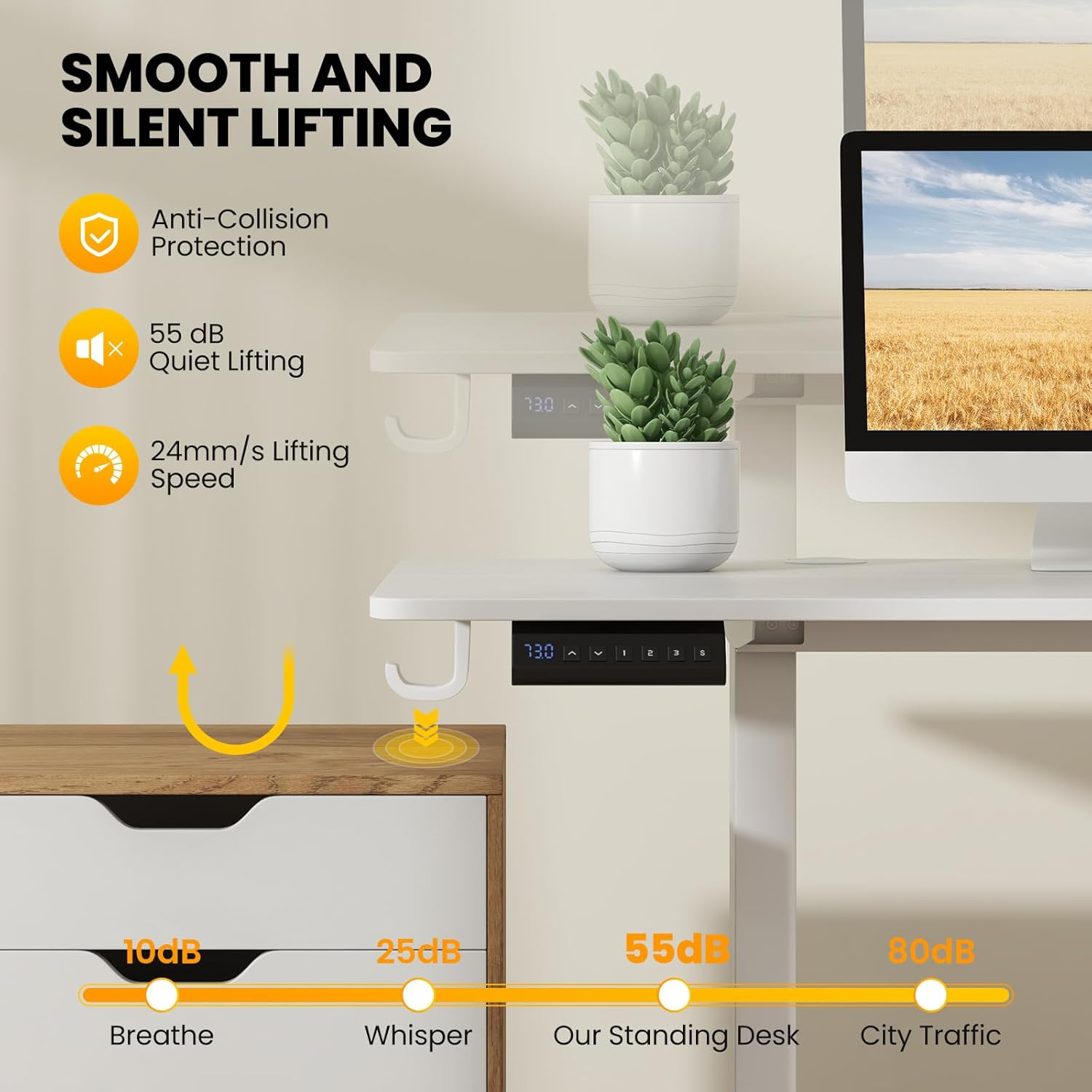 Giantex Electric Standing Desk, 160 X 60 Cm Large Sit Stand Desk W/ 3 Memory Heights, Height Adjustable Computer Desk W/ 2 Hanging Hooks & Cable Holes, Anti-Collision Design, for Home Office (White)