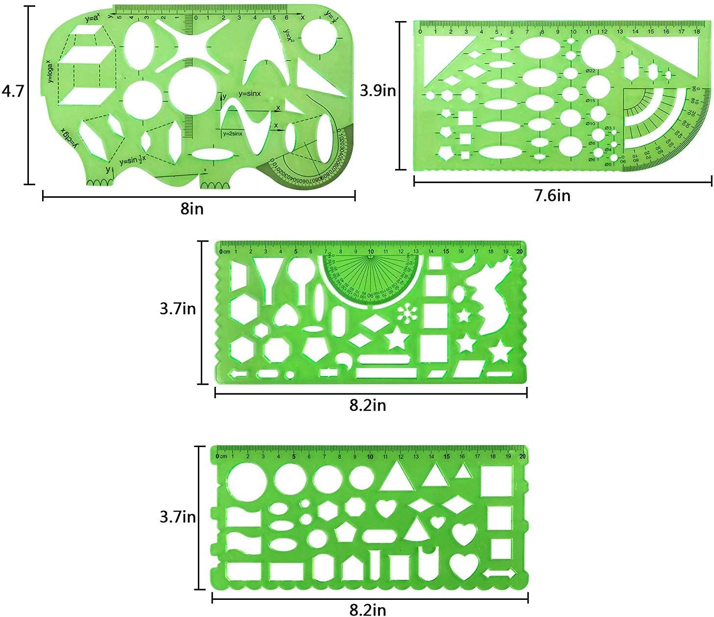 Onwon 10 Pieces Drawings Templates Stencils Measuring Templates Clear Green Plastic Geometric Rulers Draft Rulers for Drawing Engineering Drafting Building School Office Supplies image number 2