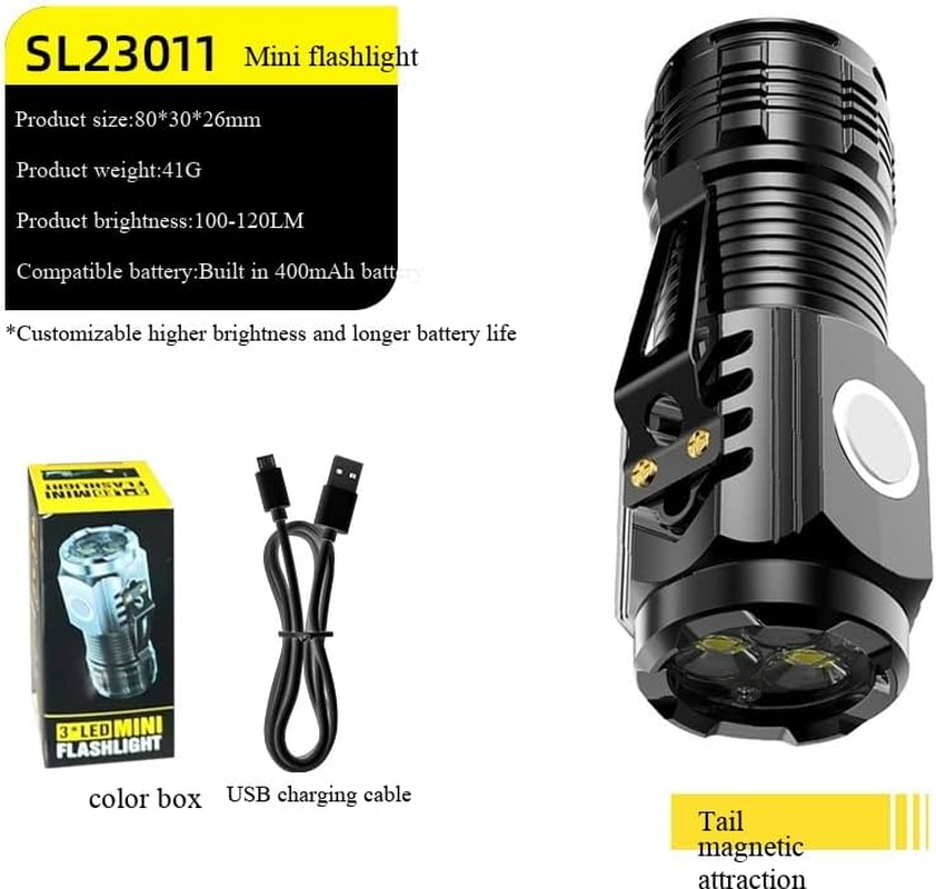 Rechargeable Mini Flashlights,Bright 3 LED Flash Lights, Small EDC Flashlight with Belt Clip, 5 Lighting Modes Portable Rechargeable Flashlights for Camping Home (2, Black) image number 2