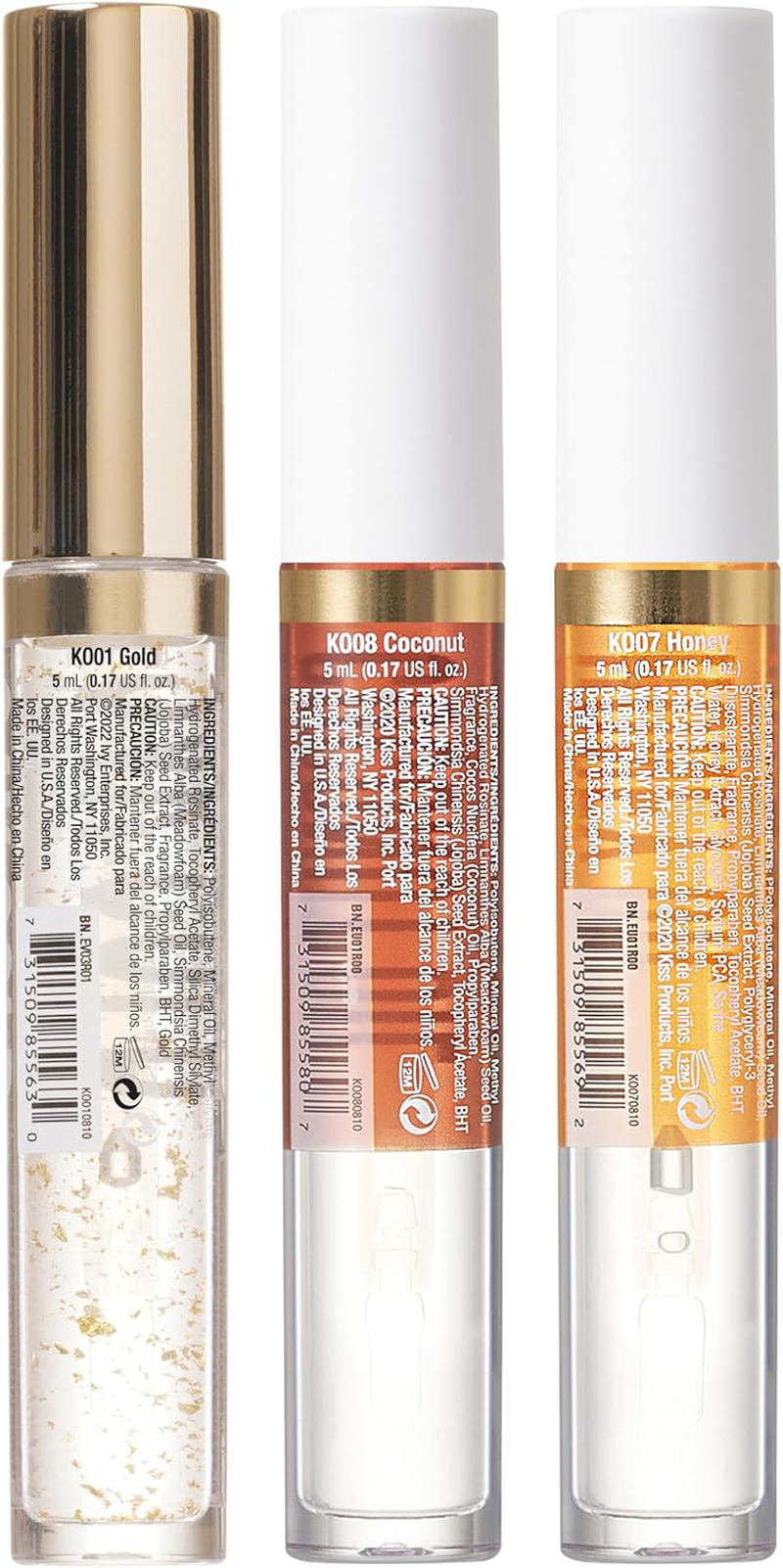 Kiss New York 3 PACK Lip Oil Gloss, Hydrating Non-Sticky Lip Oil, 100% Natural Oil Clear Lip Gloss, Lightweight Lip Moisturizer (Gold & Honey & Coconut) image number 6