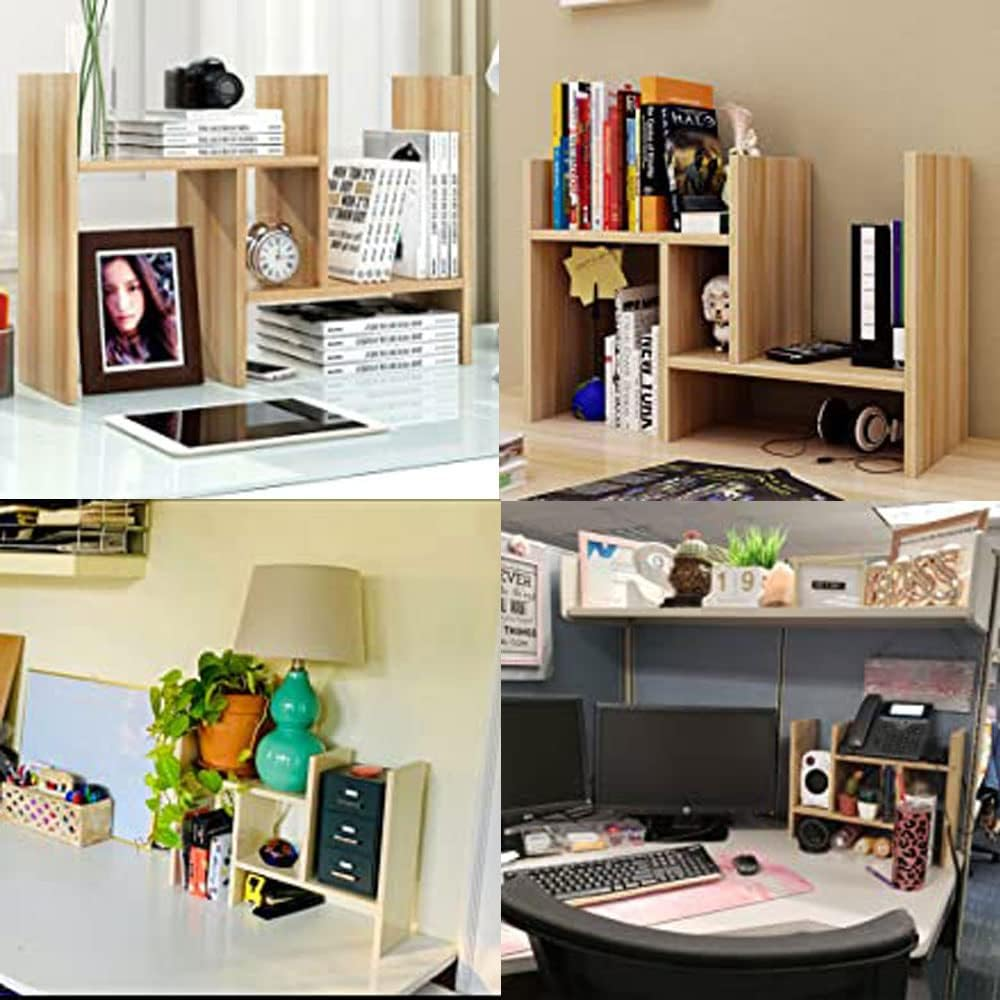 Office Desktop Bookshelf Adjustable Large Wood Display Shelf Desktop Organizer Office Storage Rack Countertop Bookcase Office Supplies Desk Organizer Accessories (Black) - Black image number 6