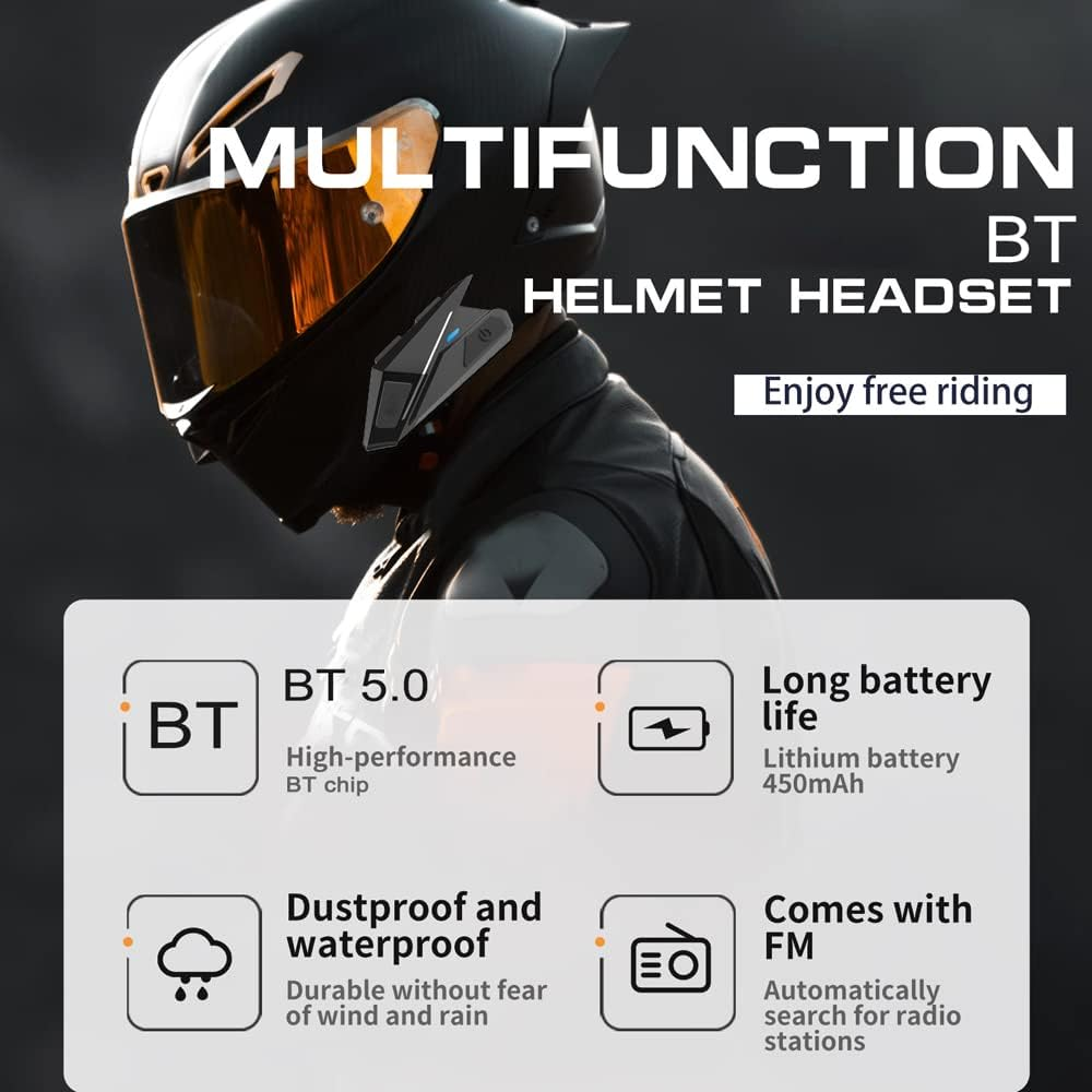 RCKEY Motorcycle Headset BT5.0 Waterproof Headphone Noise Reduction Support Hands-Free Calling Auto-Answer Stereo Music Built-In FM Radio image number 2
