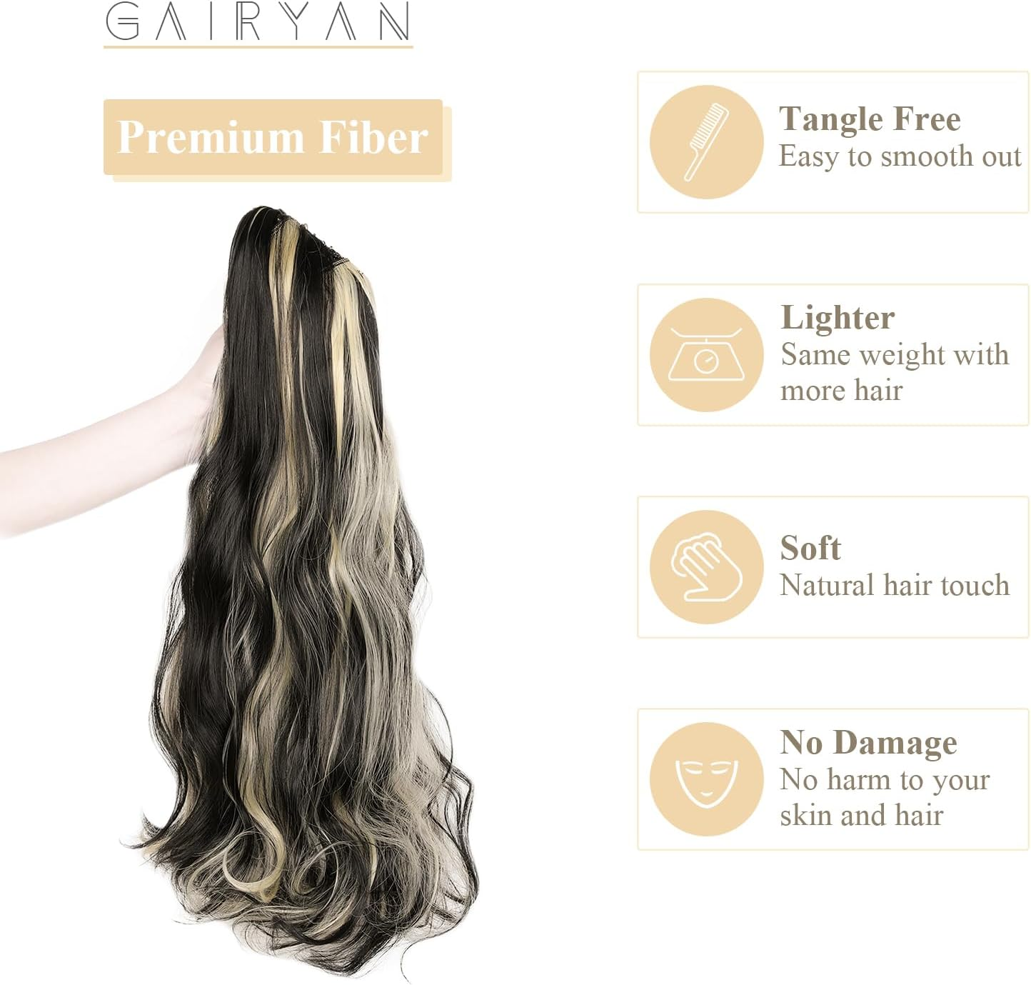 Gairyan 20Inch Ponytail Extension Clip in Ponytail Hair Extensions Curly Wavy Pony Tails Claw on Ponytail Long Wave Synthetic Hairpieces for Women Soft Real Look (Natural Black & Bleach Blonde) image number 3