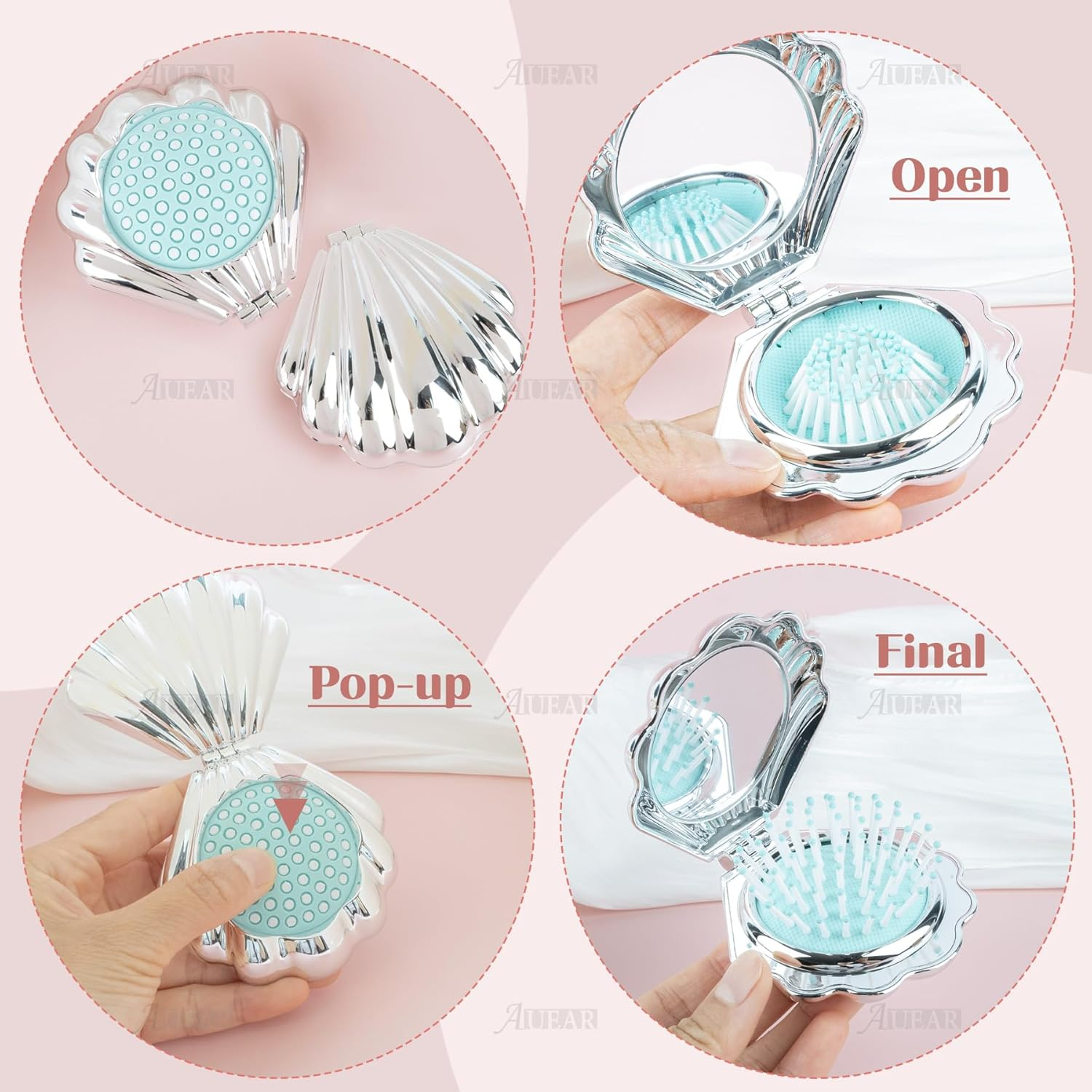 AUEAR, 4 Pack Shell Shape Hair Brushes with Mirror Foldable Portable Pocket Comb Massage Women Silver