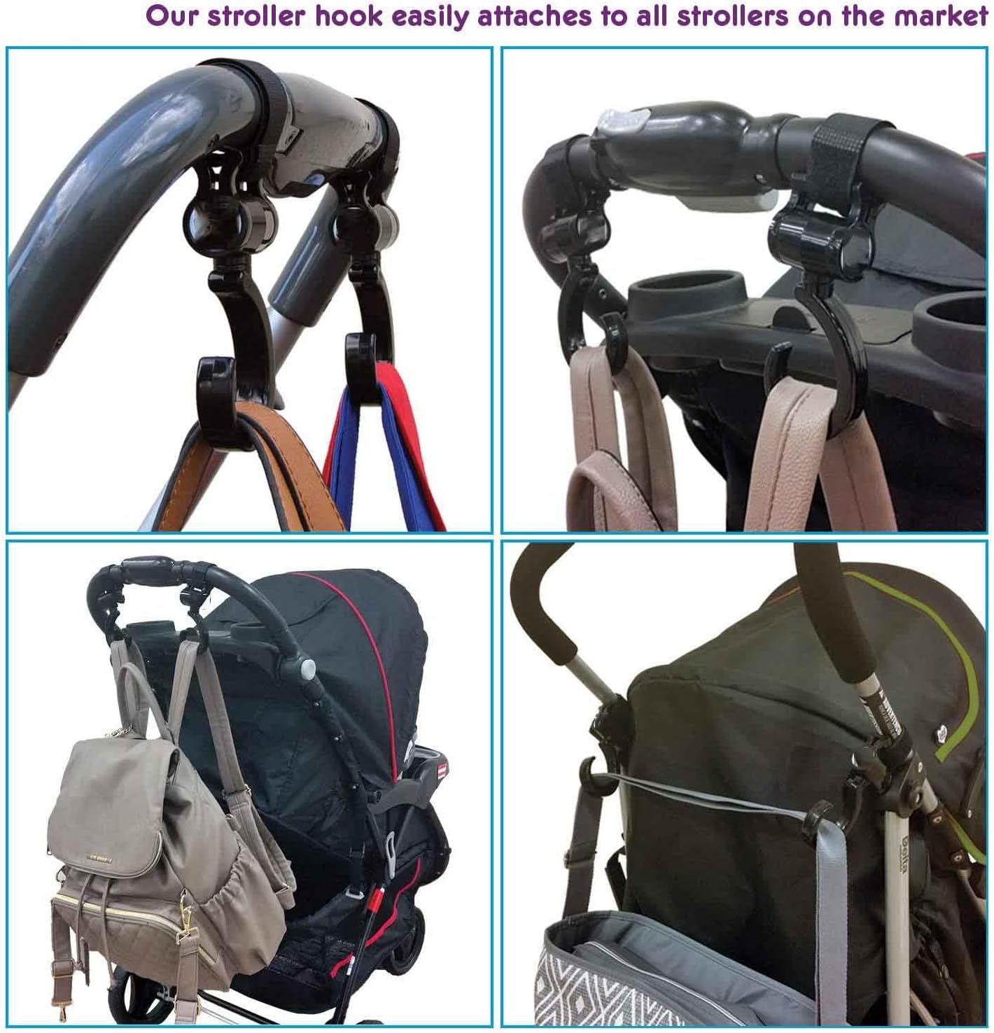 6Pcs Baby Pram Clips Premium Mommy Stroller Accessories with Large Carabiner and Velcro Hook for Diaper Bags and Stroller Organization